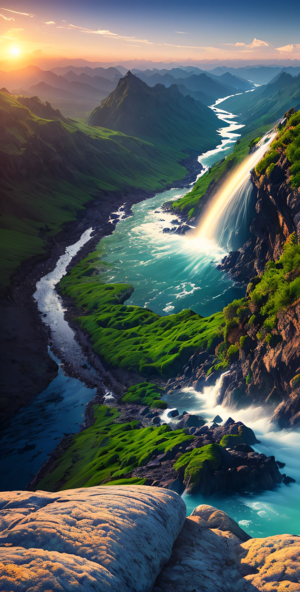 (8k, RAW photo, photorealistic:1.25) ,on the mountain, see waterfall, sunset, humanoid cloud, Verism, ray tracing, panorama, ultra wide angle, ultra hd, masterpiece, super detail, best quality, earth \(planet\),