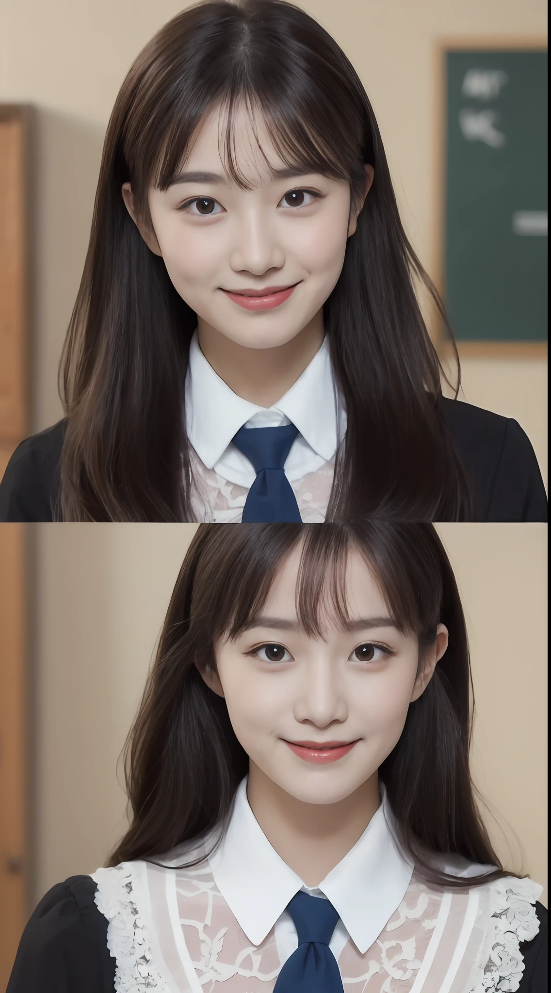 (1 Korean star with royal sister style), ((Best quality, 8K, 巨作: 1.3)), focal point: 1.2, Perfect body proportions: 1.4, (Make a smile),  Watery eyes, Highly Detailed Face and Skin Textur, Fine eyes, Double eyelids, Whitens the skin, (long whitr hair, By bangs: 1.3), (face round: 1.5), (JK school uniform: 1.4), (Lace view: 1.6),(black lence stockings: 1.4),(JK style:1.4),(Being in the room:1.3)