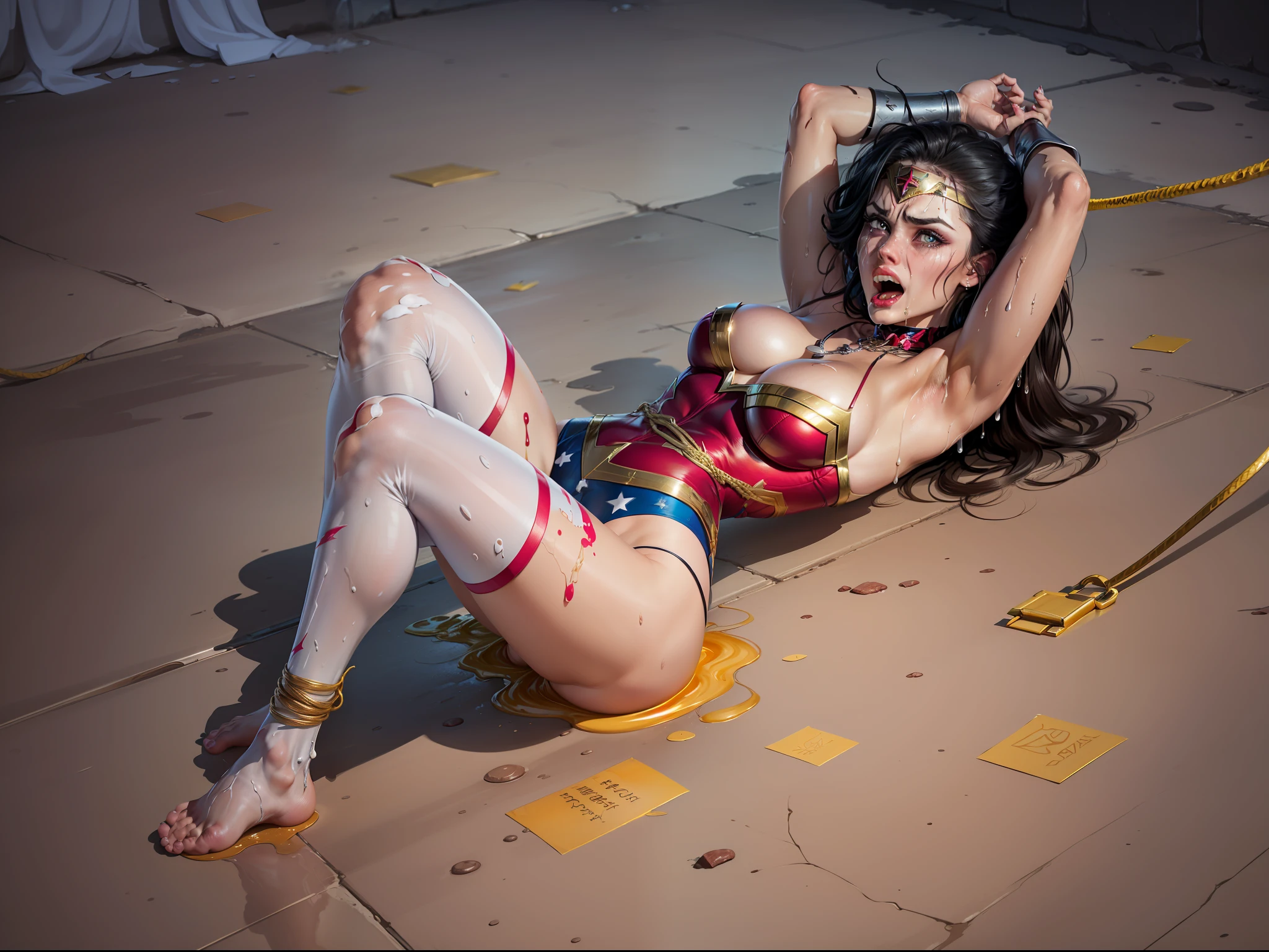 (( roupas rasgadas, roupas esfarrapadas, Your clothes are torn, your clothes are tattered, his pantyhose are torn)) sem calcinha, no-bra. WONDER WOMAN SUPERHEROINE, ((She is crawling) maduro, Ela tem 45 anos. She's screaming in terror, She's terrified, She's crying a lot.  ela tem cabelos escuros, ela tem cabelos compridos. ( She is in a torture chamber. ).  She's wearing a bandage belt., she's using 7/8 meias rede.  urando uma renda de fita de empregada.  Capturado, Sequestrado, abandonado, Torturado, escravizado, envergonhado. tied with arms above head and legs apart under a large metal frame. She screams and screams to call her enemies and beg for mercy and bursts into tears. em seguida, The ropes run down the middle over her back through her married sleeve swimsuit to tie her legs just above her knees and ankles. Vestindo um obsceno, Apertado, decotado, Sleeveless swimsuit torn in tatters. Wearing a grosted metal necklace around the neck. Seus tornozelos, your wrists and neck are fastened with chains. Forced into prostitution. ( She doesn't shave, Ela tem muito cabelo nas axilas, She has a lot of hair in the pubic area.  your clothes are wet, your pubis is swollen.(Sua urina corre pelas pernas dela, dripping on the floor. It has a large puddle of urine on the floor )   ((barefoot. bare-legged)). She's hurt, Ela tem hematomas por todo o corpo, she's scratched. Jurando uma renda de fita de empregada.