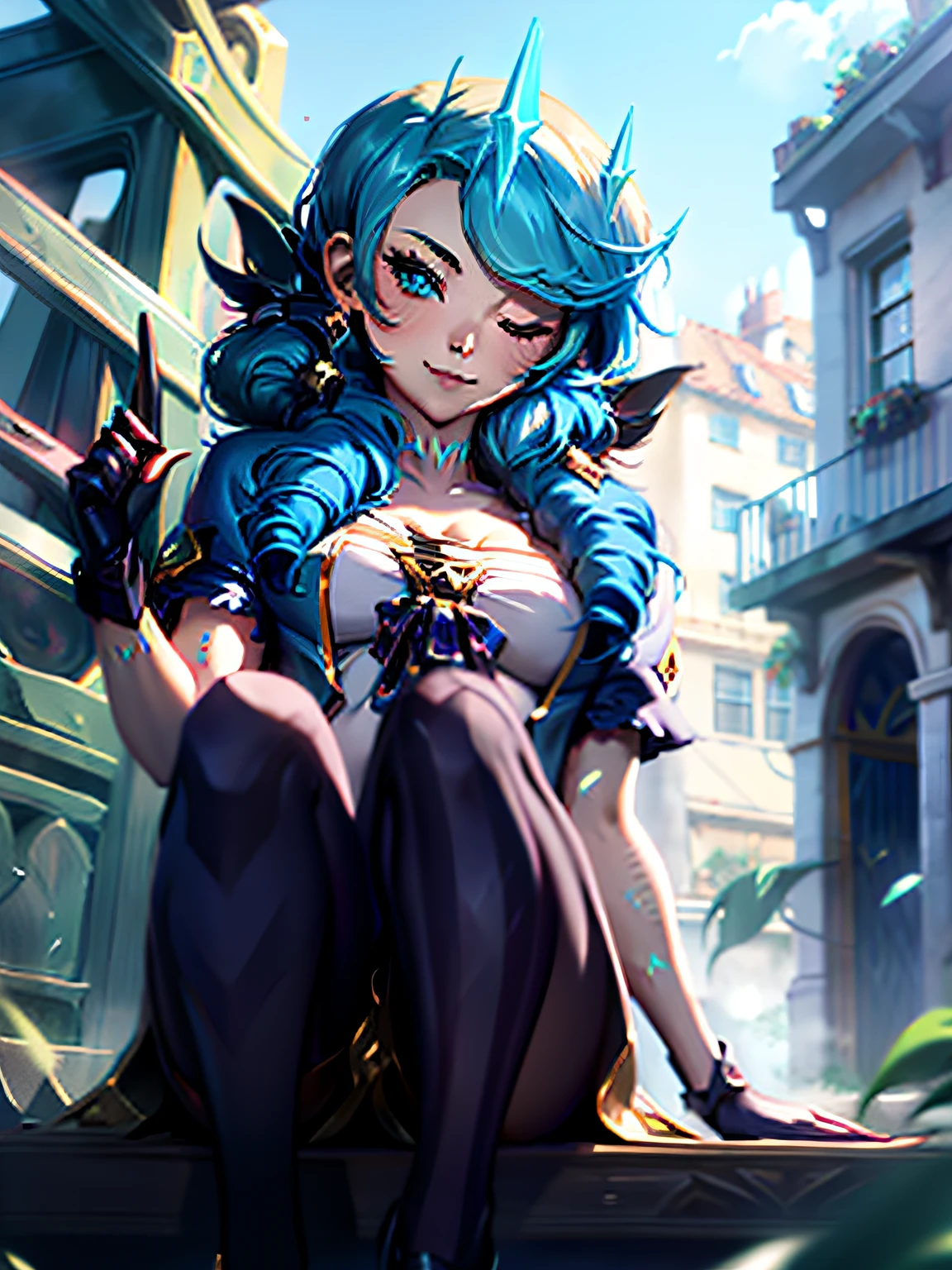 League of Legends Gwen, Wearing Viego''s crown, Viego's crown, Green Viego crown, Viego crown, 3 spiked Viego crown, glowing Viego crown, Viego headpieace, SFW, winking, one eye closed, Gwen's dress, Gwen's outfit, Gwen's hair, Gwen's gloves, Gwen's shoes, Gwen's leggings, Blue hair, mouth closed, closed mouth smile, looking at viewer, 8k, masterpiece, ultrasharp, blush, red blush, peace sign, peace sign over closed eye, V sign, V sign over eye, victory sign, victory sign over eye, peace sign over right eye, sitting down, legs crossed, crossed legs, right leg over left leg, normal hands, 5 fingers, full body
