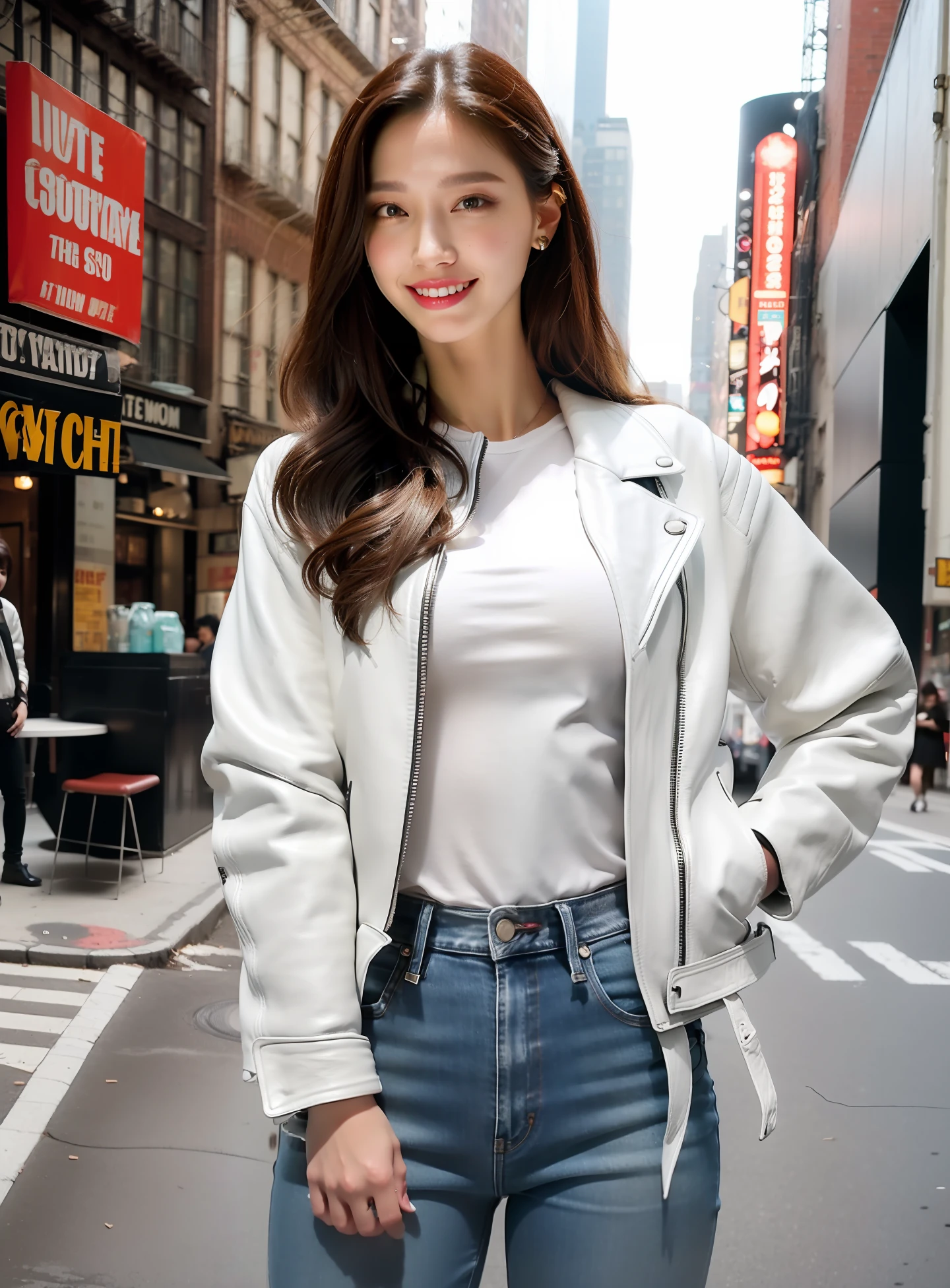 8K, HDR, Photography, ((leather jacket on top of white shirt)), (jeans), (New York City), (((varied poses))), (((varied clothes))), (((varied background))), (posing for camera), (highly detailed), low aperture, cinematic, film, aesthetic