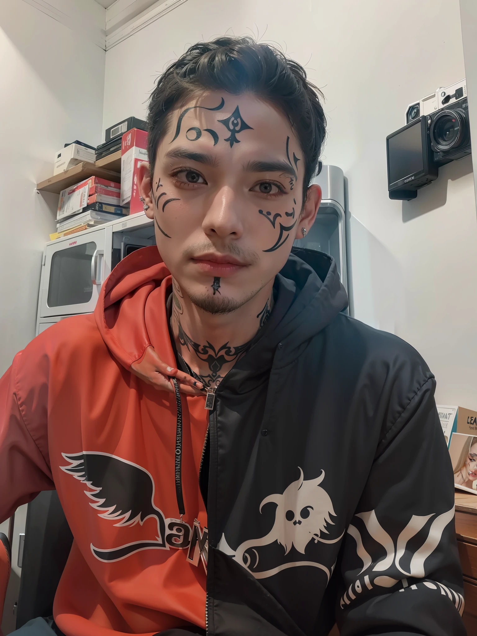 a man with face tattoo makig , 8k, sharp focus, RAW picture