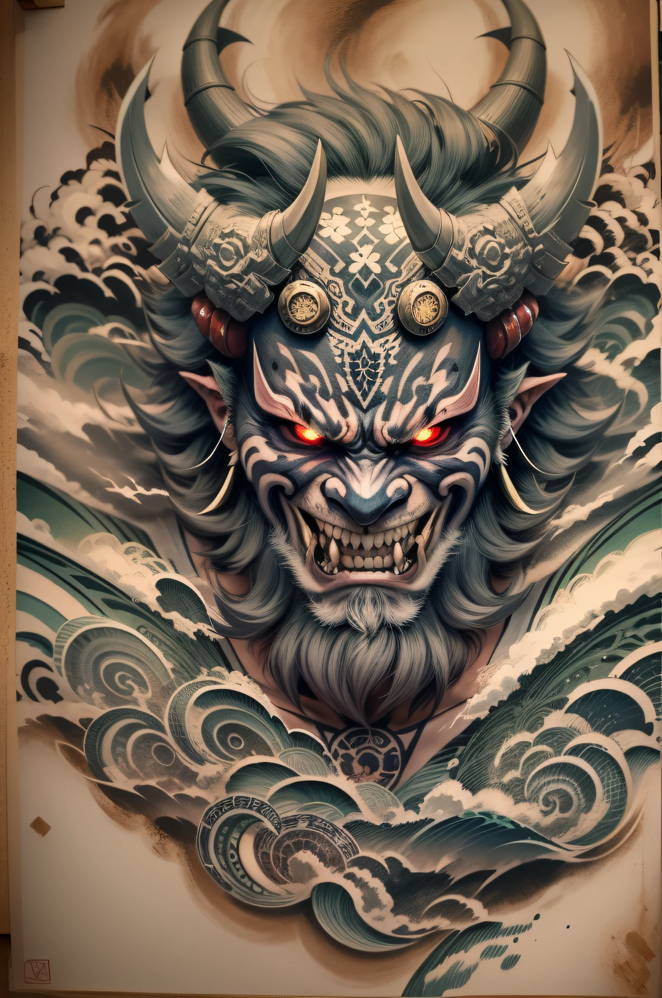 （Oni Samurai），（Wearing a demon mask），（Presentation of real tattoo renderings），Tattoo drawing design，Tattoo artwork，Epic artwork，（（Kyoto panel painting style）），Wind effect：1.9，Cloud effect：1.2，Full rendering，Encaustic painting