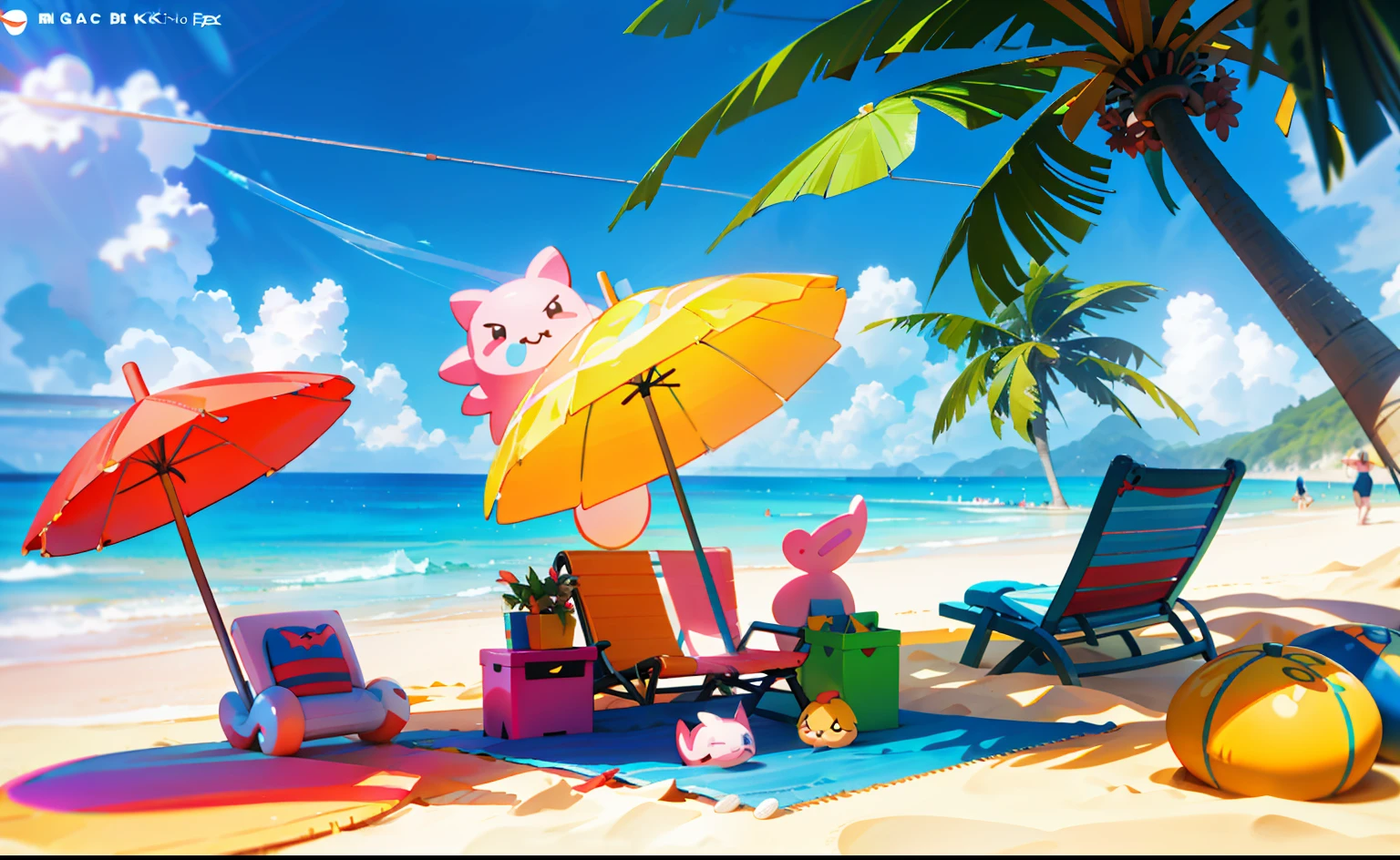 Cartoon characters on the beach with toys and beach umbrellas, cute 3 d render, Official artwork, 3 d render official art, Official illustration, official render, offcial art, 3 D rendering character art 8 K, Cute:2, kawaii hq render, Cute detailed digital art, 3 d character render, lovely digital painting, Game CG, sandbeach, promotional render