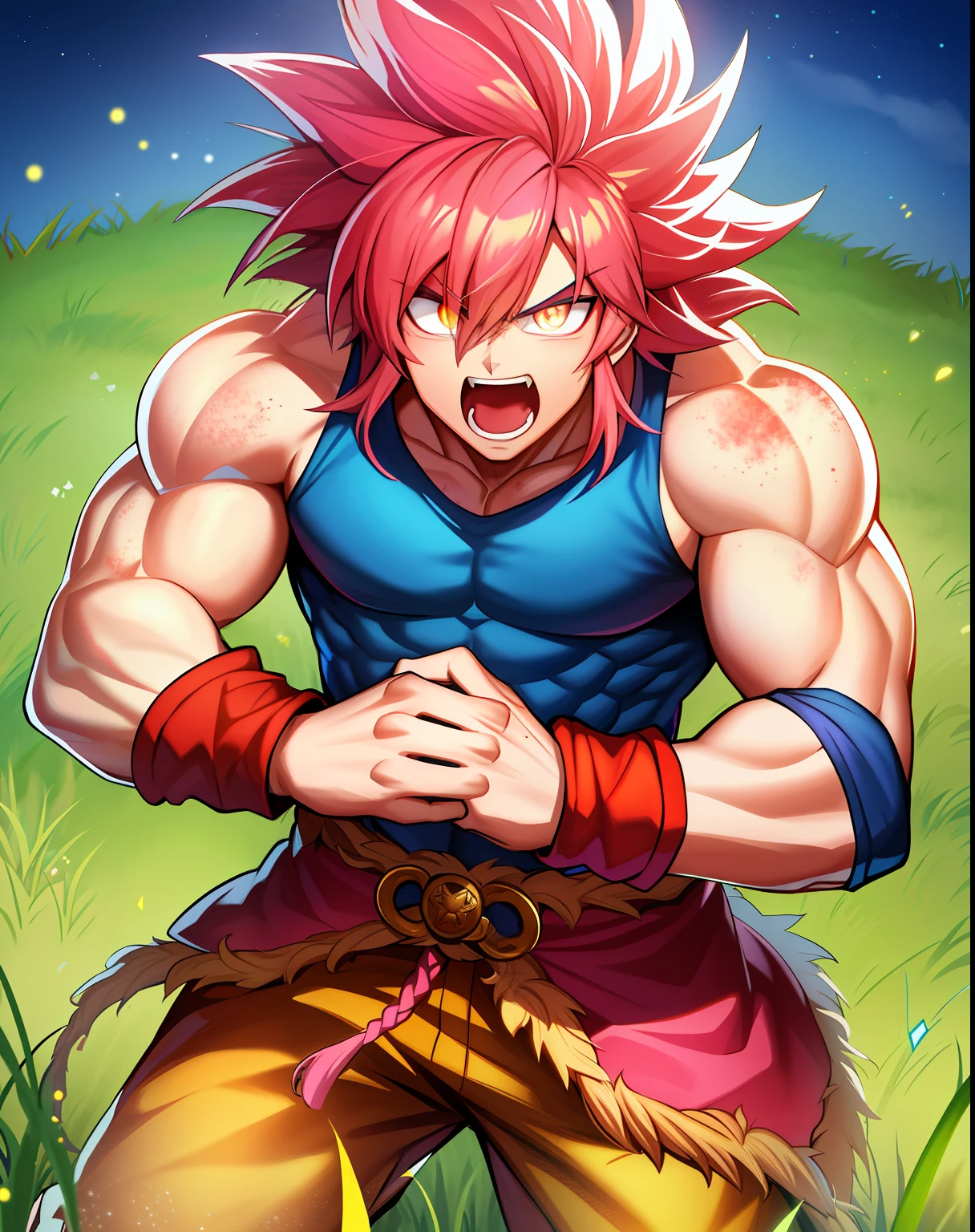 Anime, Wukong, 1boy, Glowing eyes, Pink hair, blue wristband, Dougie, Muscular, Mouth open, Solo, spiked hair, arms  cuffs, Cowboy shot, Screaming, Aura, yellow aura, Dirt, Grass, Daytime, Clenched fists，full bodyesbian