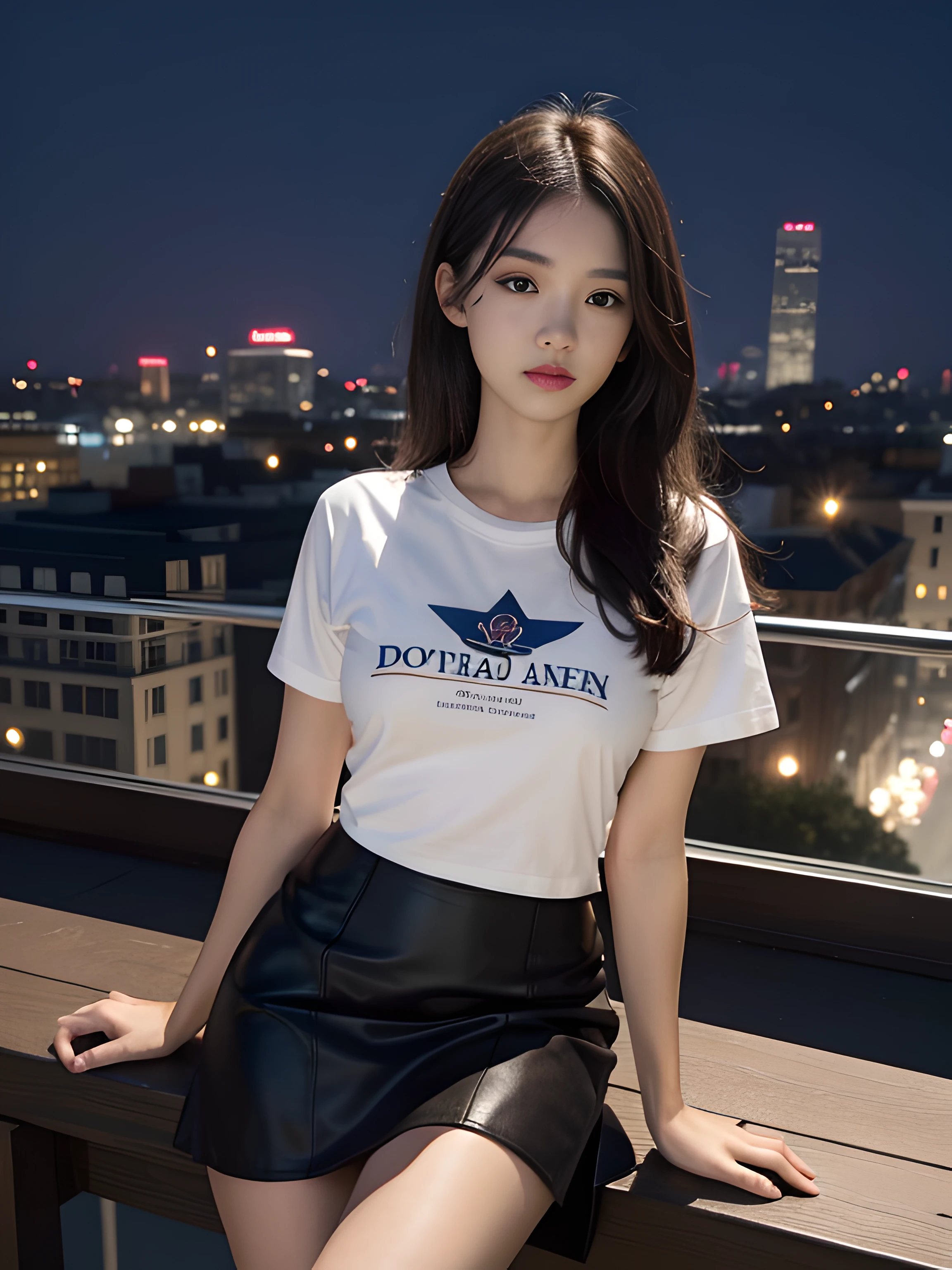 ((midynight, Acura, 8K, tmasterpiece: 1.3)), full bodyesbian, long leges, Focalors: 1.2, perfect figure beautiful woman: 1.4, Slim abs: 1.1, (dark brown hair,: 1.2 )), (tight tshirt, short skirt,sitting on a stool: 1.2), (city night scene, the roof: 1.3)), Highly Detailed Face and Skin Textur, detailedeyes, 二重まぶた,