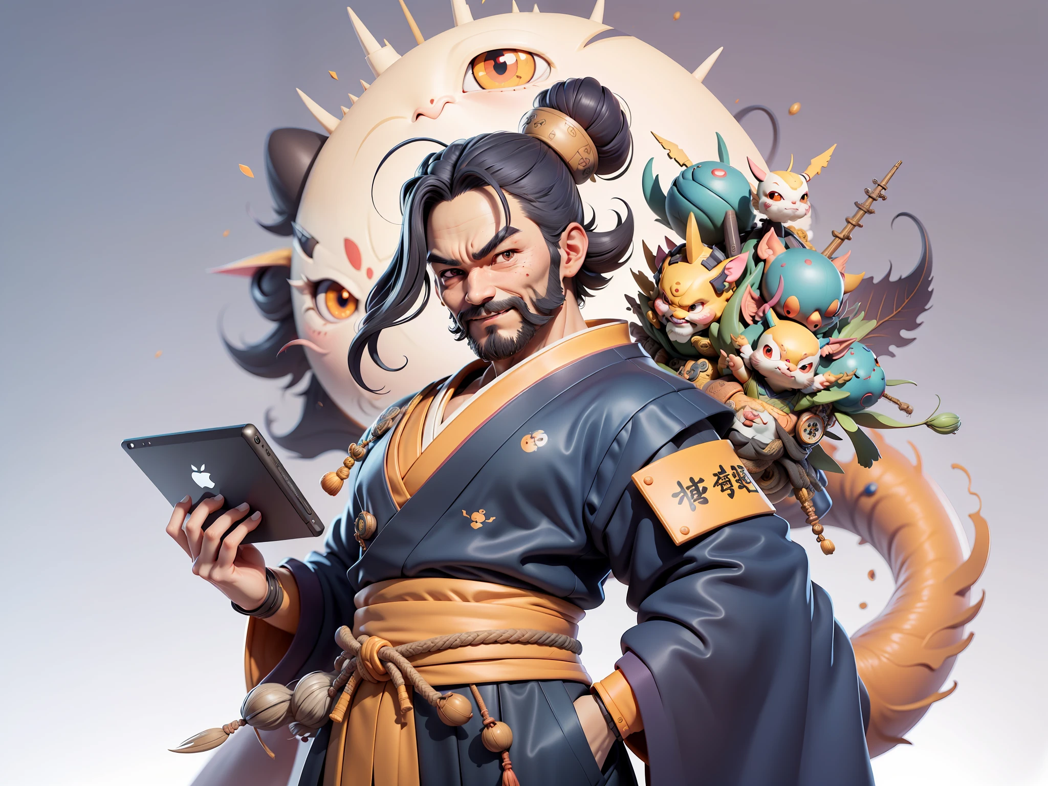 (Daisaku),(Need),(Super meticulous),(full bodyesbian:1.2),Japanese ukiyo-e girl，japanese geisha，Beautiful，Oriental dragon，Aeolian Thor，Raised sexy，爆乳，Oriental face，TV Anchor，Bust portrait illustration，Alone，In black suit，a blue tie，The face is slightly chubby，The face was clean，without a beard，Black super short hair，Black eyes，Smile confidently，3C computer sub-products，iPad， iphone，Digital painting，3D character design by Mark Clairen and Pixar and Hayao Miyazaki and Akira Toriyama，The illustration is a high-definition illustration in 4K resolution，With very detailed facial features and cartoon-style visuals。