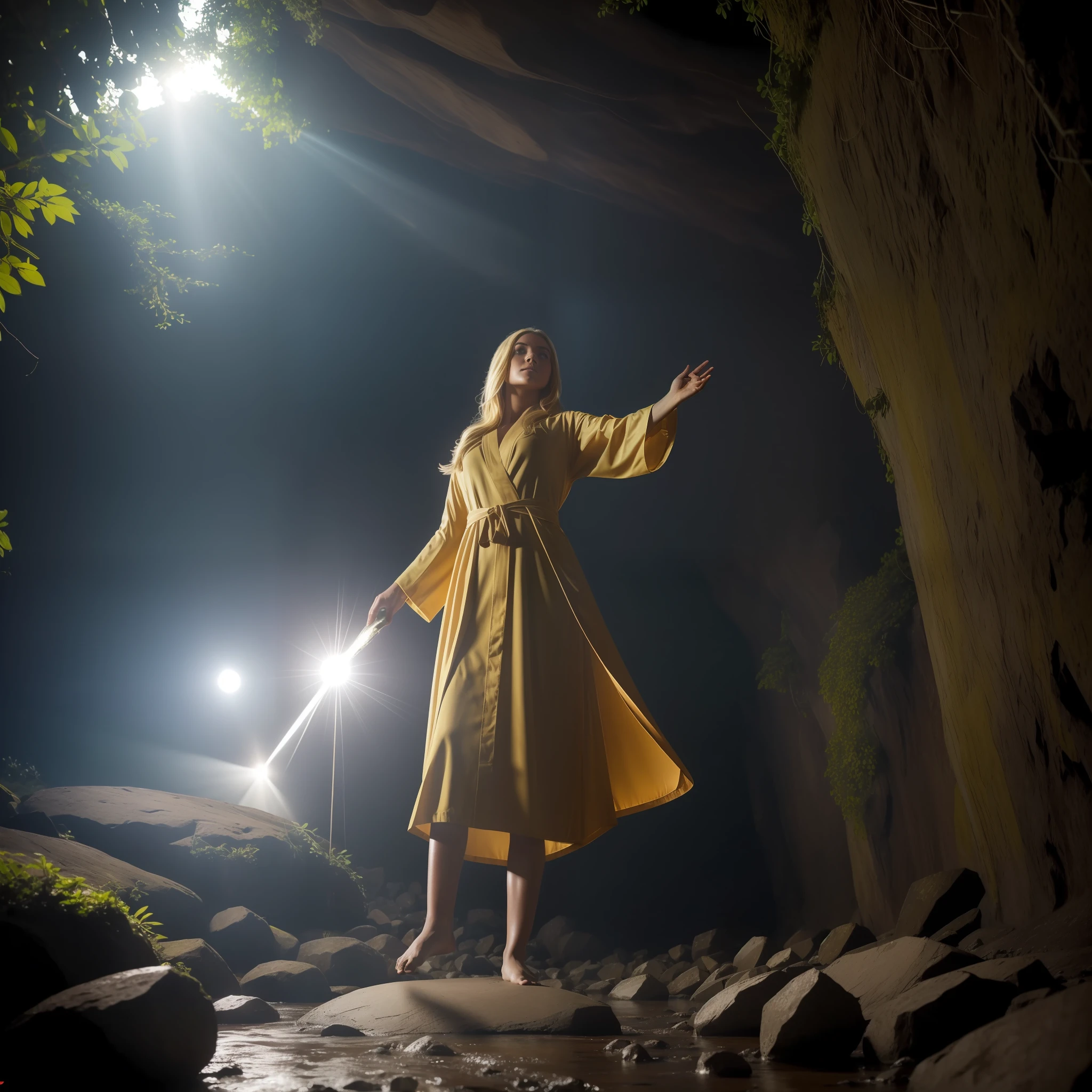 Summoner barefoot female levitating with blonde hair, robes and arms of cloak raised on a broken earth, luz de lava brilhante de baixo do campo de asteroides (rochas irregulares, pedregulhos e detritos disparando para o ar:1.3) (tempestade de detritos de poeira ventosa:1.1) Volumetric mist mist ray tracing z pass bright light from below, (obra-prima) (melhor qualidade) (detalhado) (8k) (cinematic lighthing) (foco nítido) (intrincado). roto perfeito,