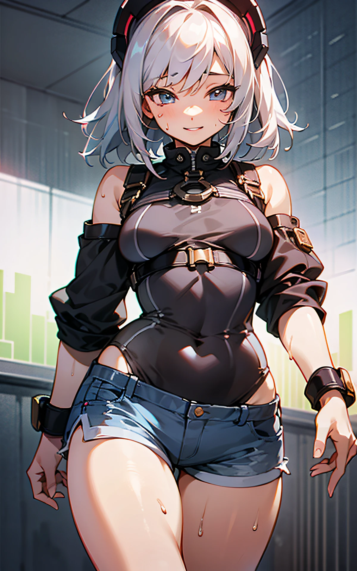 (Unity 16K Wallpaper, Masterpiece, Best Quality, Ultra-Detailed, Extremely Detailed CG, Beautiful Detailed Eyes, solo, curby), Ultra High Resolution, fine skin、sexy, Sweat, short shorts, plain tops, smile, thigh fetish,