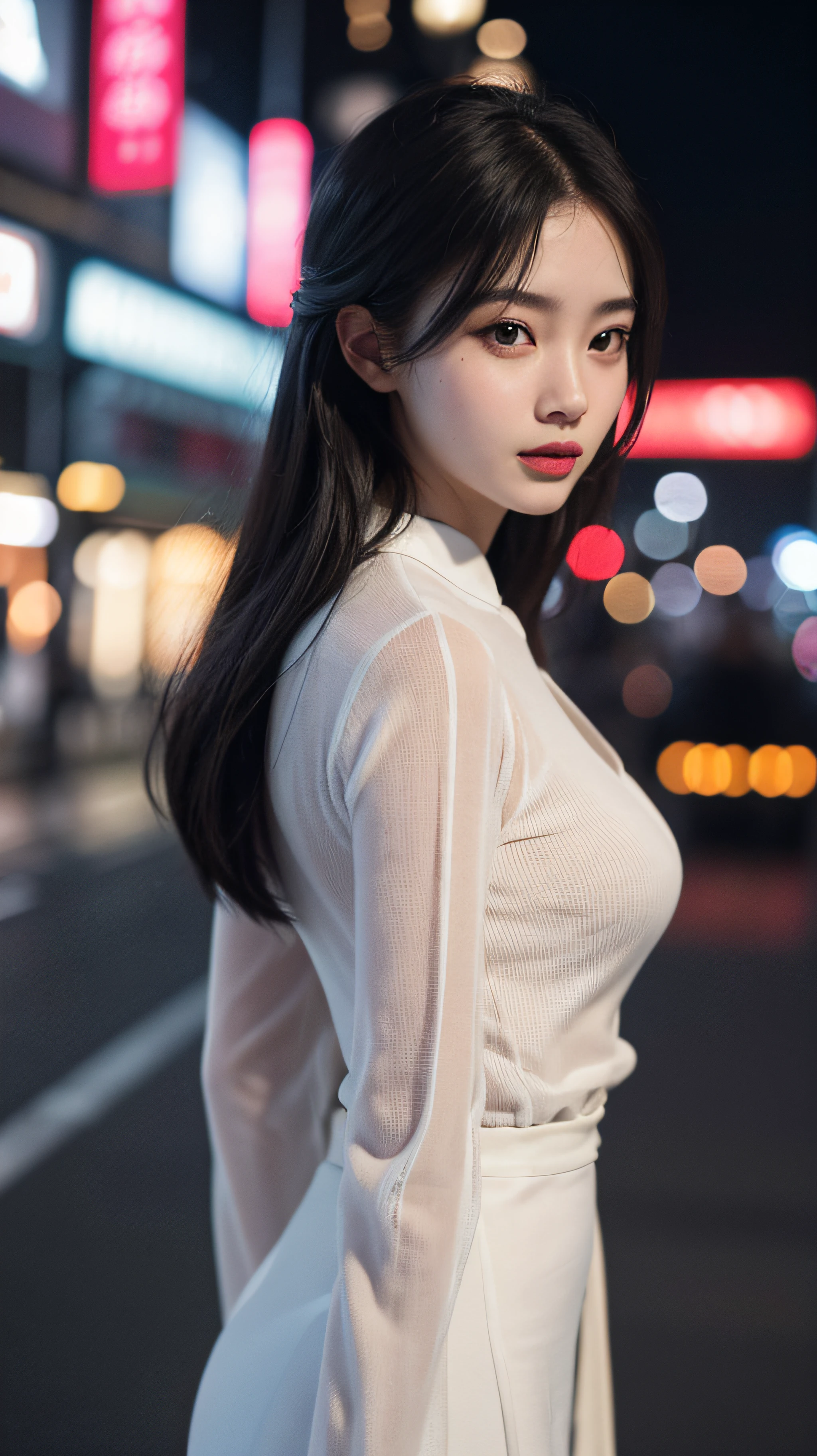 (tmasterpiece,超高分辨率,8K UHD,best qualtiy,RAW photogr,realisticlying,realisticlying,photo-realistic,Real Human,RAW photos),((1 girl)),tech sense,CG,unified,the wallpaper,offcial art,astounding,finely detailled,Extremely refined and beautiful,The is very detailed,highly detailed,Clear focus,Rich background,vague background, Background bokeh,Dingdall effect,(photon maping,Radio City,physically-based renderingt,automatic white balance),Dark Studio,edge lit,twotonelighting, Digital SLR, softlighting, high qulity, (((highdetailskin:1.2,Visible Pore))),((facial closeups))),((mediuml breasts:1.2)),20yr old,Chinese girls,1girl, Tokyo Street, natta, view over city, City lights, The upper part of the body
