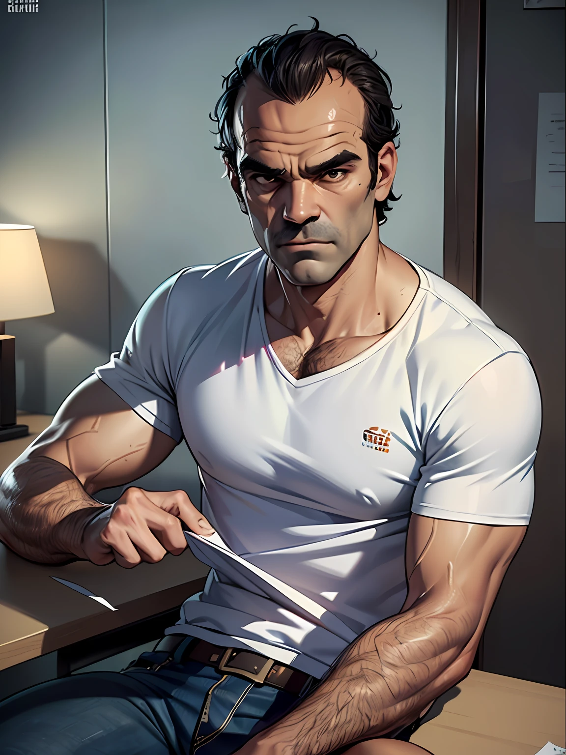 (extremamente detalhado CG unidade 8k papel de parede, master part, melhor qualidade, ultra-detalhado, best ilumination, melhor sombra, An extremely delicate and beautiful representation), com Steven Ogg retratado como personagem de GTA 5,Trevor Philips .