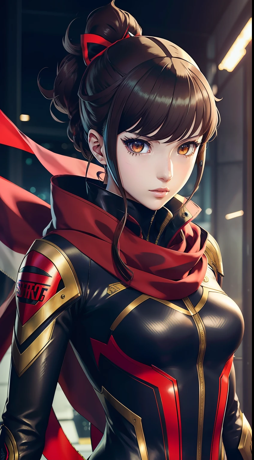 Beauty anime girl /// (PERSONA 5) wearing detailed combat body suit with scarf, upperbody shots, detailed skin, face sharp focus, detailed eyes and pupils, detailed hair, intricate details and sharp, masterpiece, global illumination, real shadow, bokeh, best quality, photorealistic, realistic, 8k