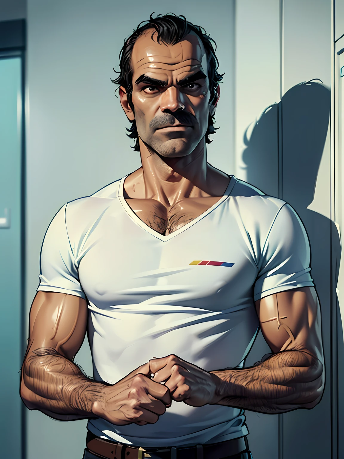 (extremamente detalhado CG unidade 8k papel de parede, master part, melhor qualidade, ultra-detalhado, best ilumination, melhor sombra, An extremely delicate and beautiful representation), com Steven Ogg retratado como personagem de GTA 5,Trevor Philips .