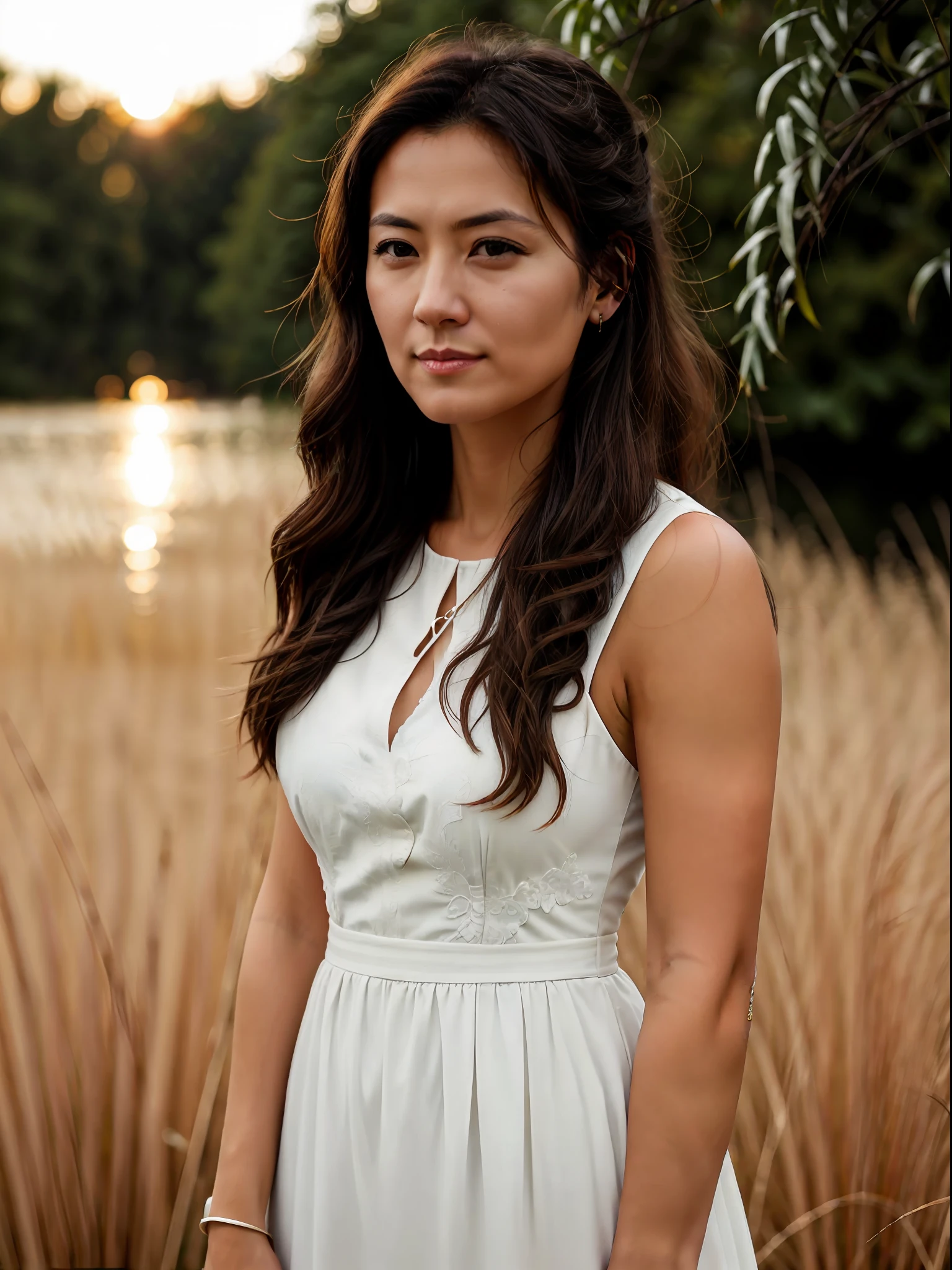 1 european woman, yellow long hair, 40 y.o , portrait shot, standing behind the reed, clearly face, rich detail, wearing white dress, with sun behind, bokeh, masterpiece, best quality, 8k uhd, dslr, film grain, taken by Nikon D700 photorealistic painting art by midjourney, sigma art 85mm, f1:1.4