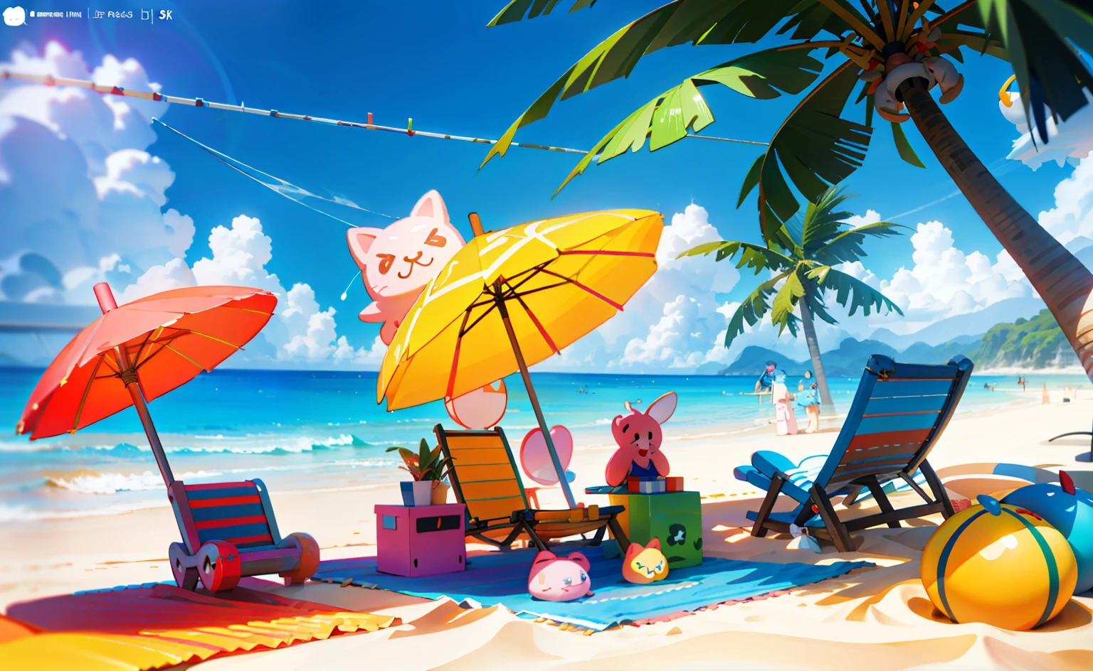 Cartoon characters on the beach with toys and beach umbrellas, cute 3 d render, Official artwork, 3 d render official art, Official illustration, official render, offcial art, 3 D rendering character art 8 K, Cute:2, kawaii hq render, Cute detailed digital art, 3 d character render, lovely digital painting, Game CG, sandbeach, Promotional rendering 3D