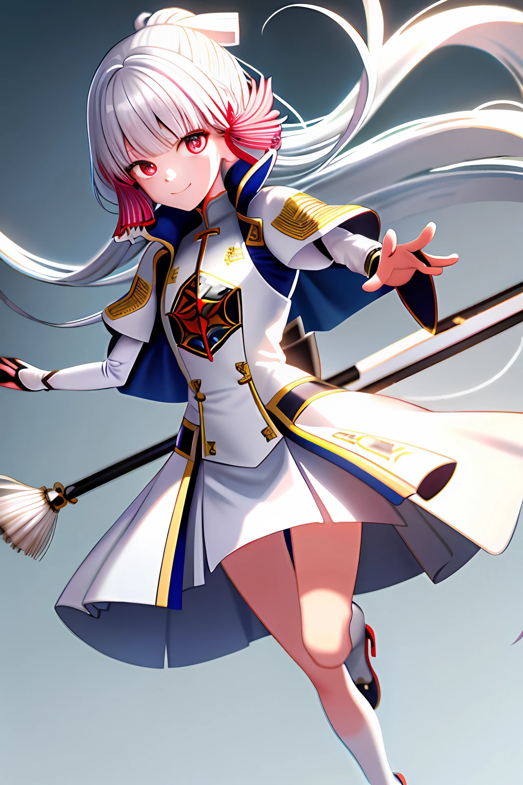 White hair, long legs, cold white leather, melon seed face, white silk, small leather shoes, high quality, high resolution, red eyes, smile