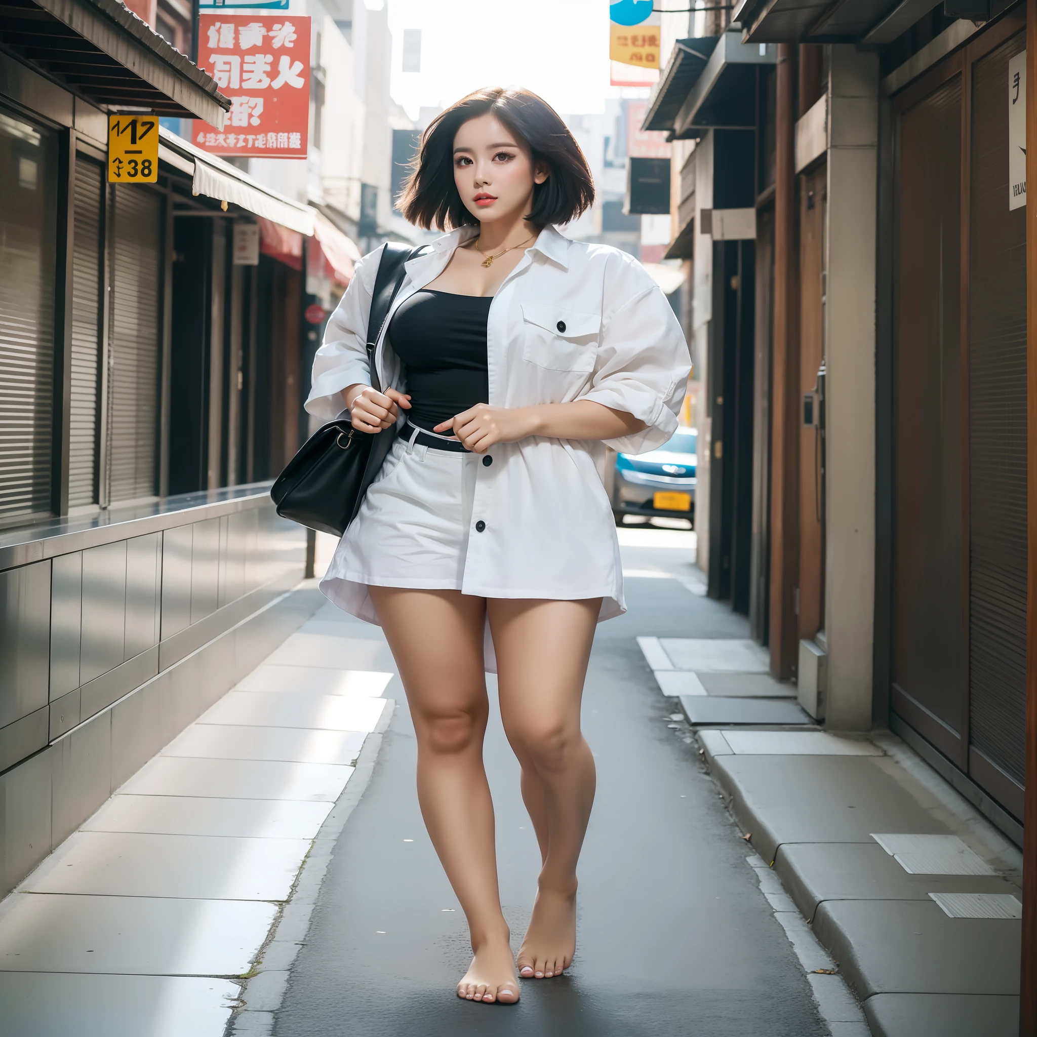 8K,best qualtiy,(Bigchest,rosto magro)An Asian woman,Eye makeup,Summer clothes,Tall figure,Barefoot,Full body photo,street