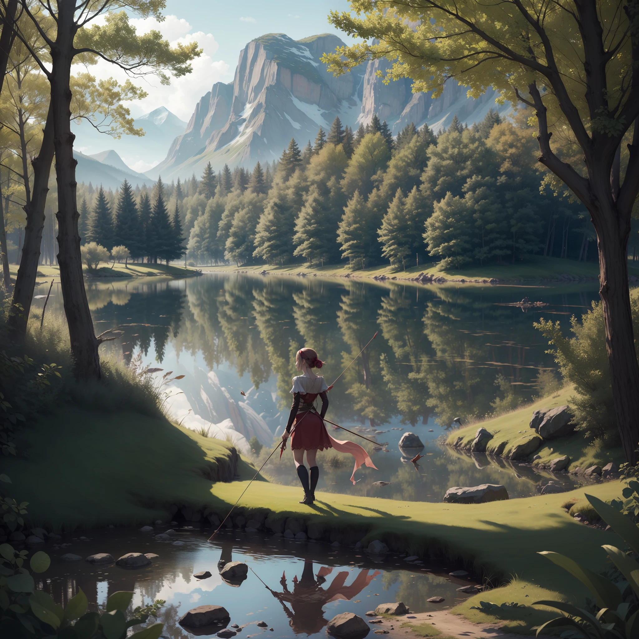 fallen wood,Elf with a bow,Unicorn and Girl,Undulating lakes,deep-forest,Blowing in the wind,Has depth,4K, (Raw photo: 1.2), (Realism: 1.4), (masutepiece: 1.3), (exquisite detailing: 1.2), Delicate and beautiful details, (Eye Detail), (Facial Detailed), (Highest Quality) :1.4), (Hyper-Resolution: 1.2),(very detailed illustration), Best Quality, depth of fields, Wide light, natural shadows