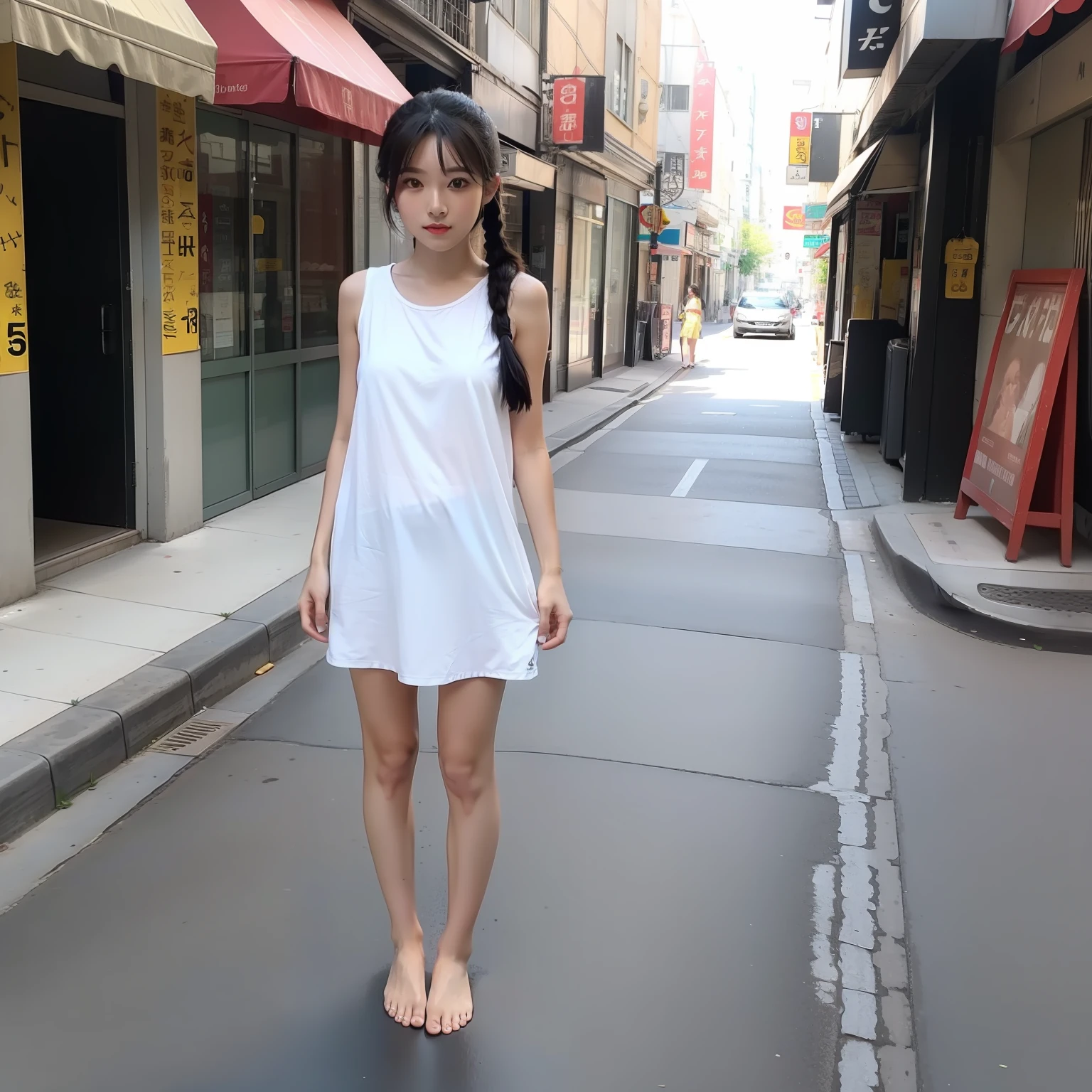 8k,best qualtiy,An Asian woman,Summer clothes,eye makeup,pony tails,Barefoot,Full body photo,street