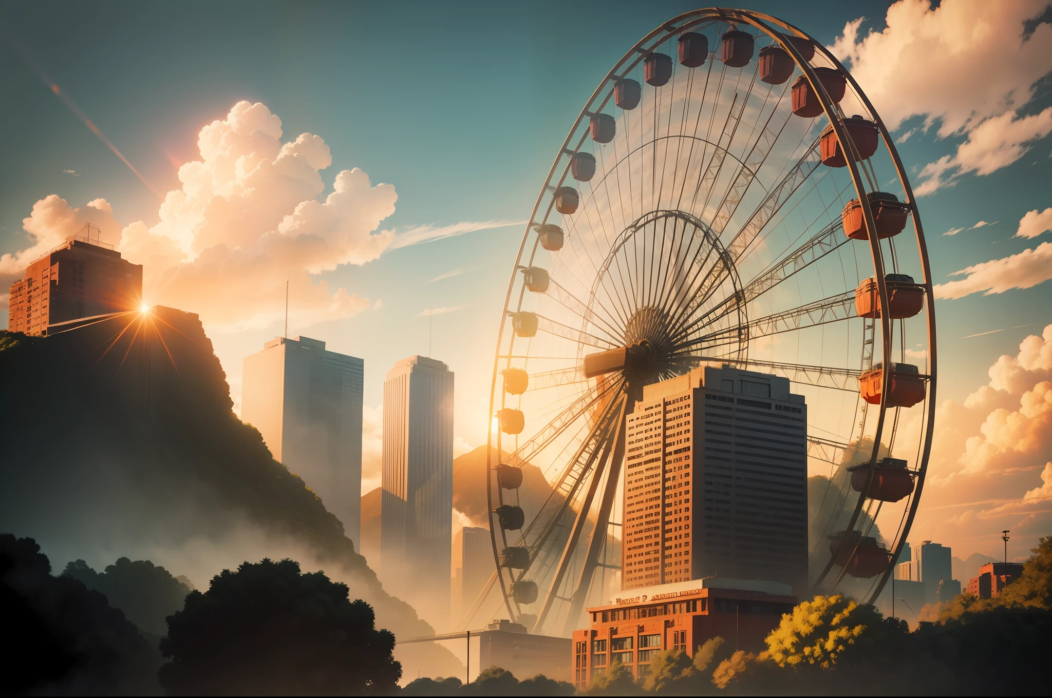 Ruined Jurassic Park，Ruined Ferris wheel，Bright warm tones，Morning light，Look up，Panorama composition