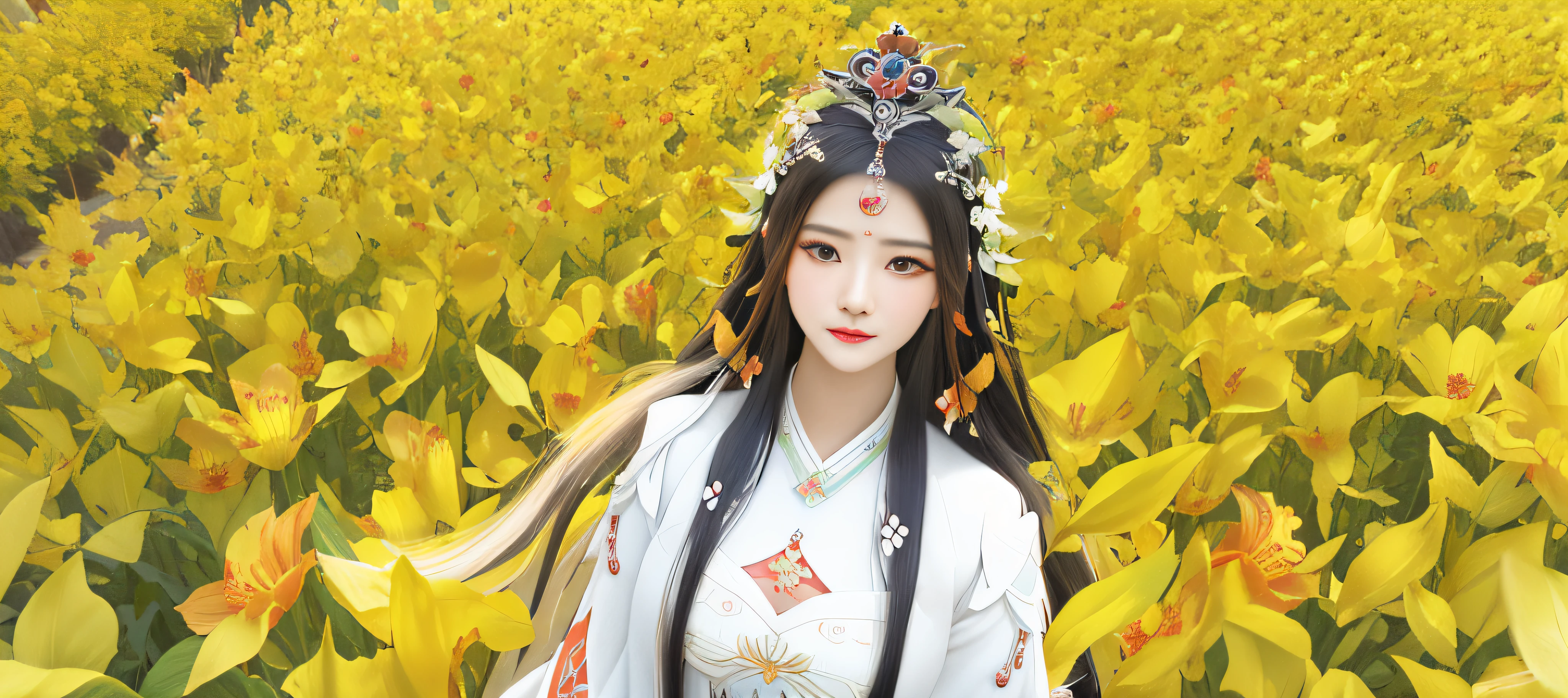 In the flower field there is a woman with long hair and a white dress, the goddess of autumn harvest, a beautiful fantasy empress, autumnal empress, goddess of autumn, ((a beautiful fantasy empress)), Inspired by Lan Ying, inspired by Luo Mu, inspired by Du Qiong, Inspired by Huang Ji, inspired by Wu Li, Inspired by Ai Xuan