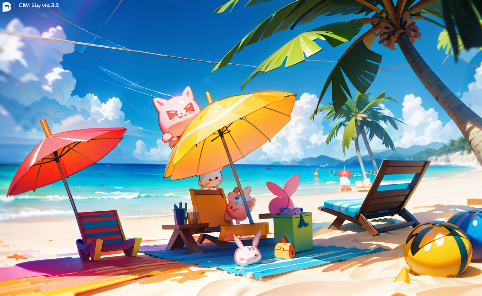 Cartoon characters on the beach with toys and beach umbrellas, cute 3 d render, Official artwork, 3 d render official art, Official illustration, official render, offcial art, 3 D rendering character art 8 K, Cute:2, kawaii hq render, Cute detailed digital art, 3 d character render, lovely digital painting, Game CG, sandbeach, Promotional rendering Blender C4D