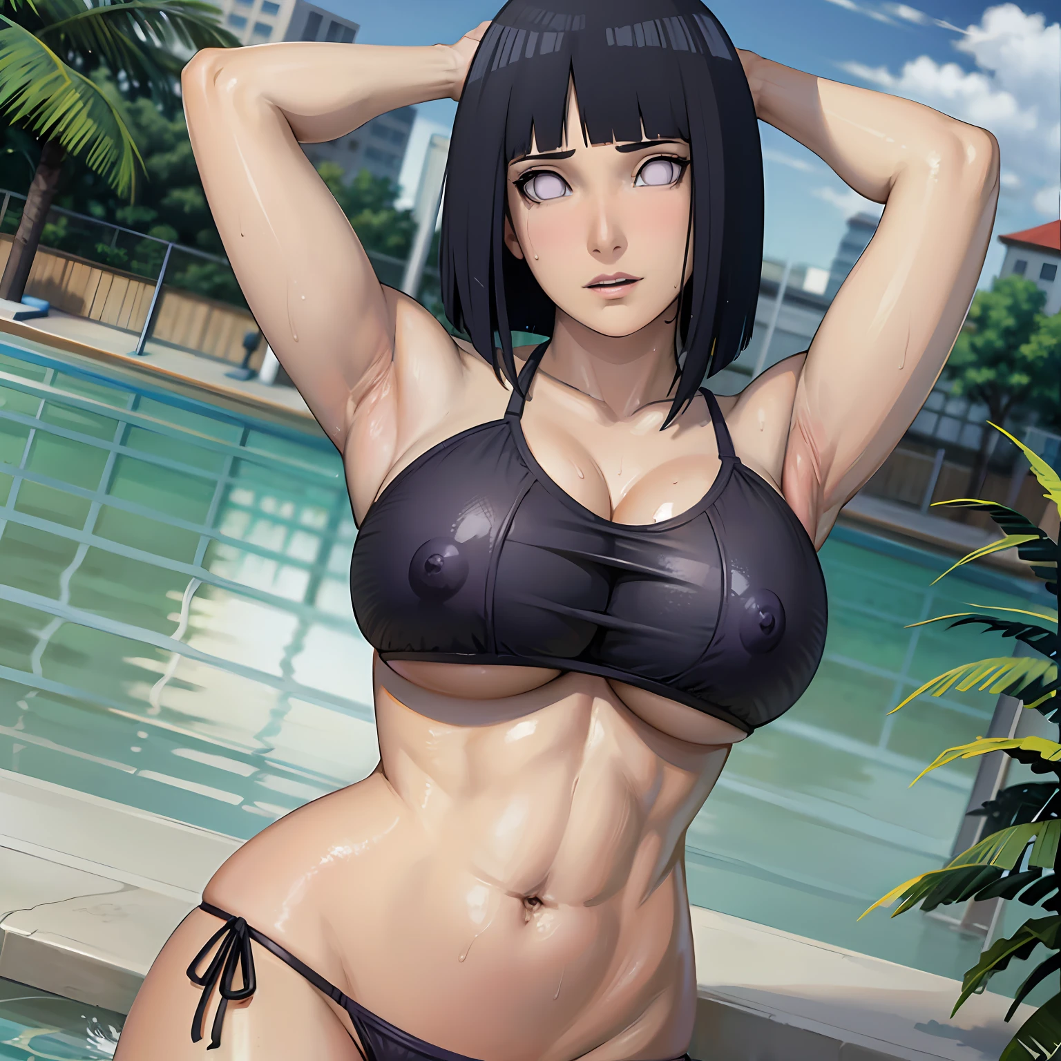 Hinata,1girl,solo, beautiful, thicc thighs, huge breasts, wearing purple gradient bikini, in swimming pool,pure eyes, realistic pupils, highly details eye, perfect anatomy, good anatomy, good composition, armpits, sweating, Mom, milf, thicc thighs, lubricant skin groin area, oily skin, red armpits, sweat armpits, nsfw