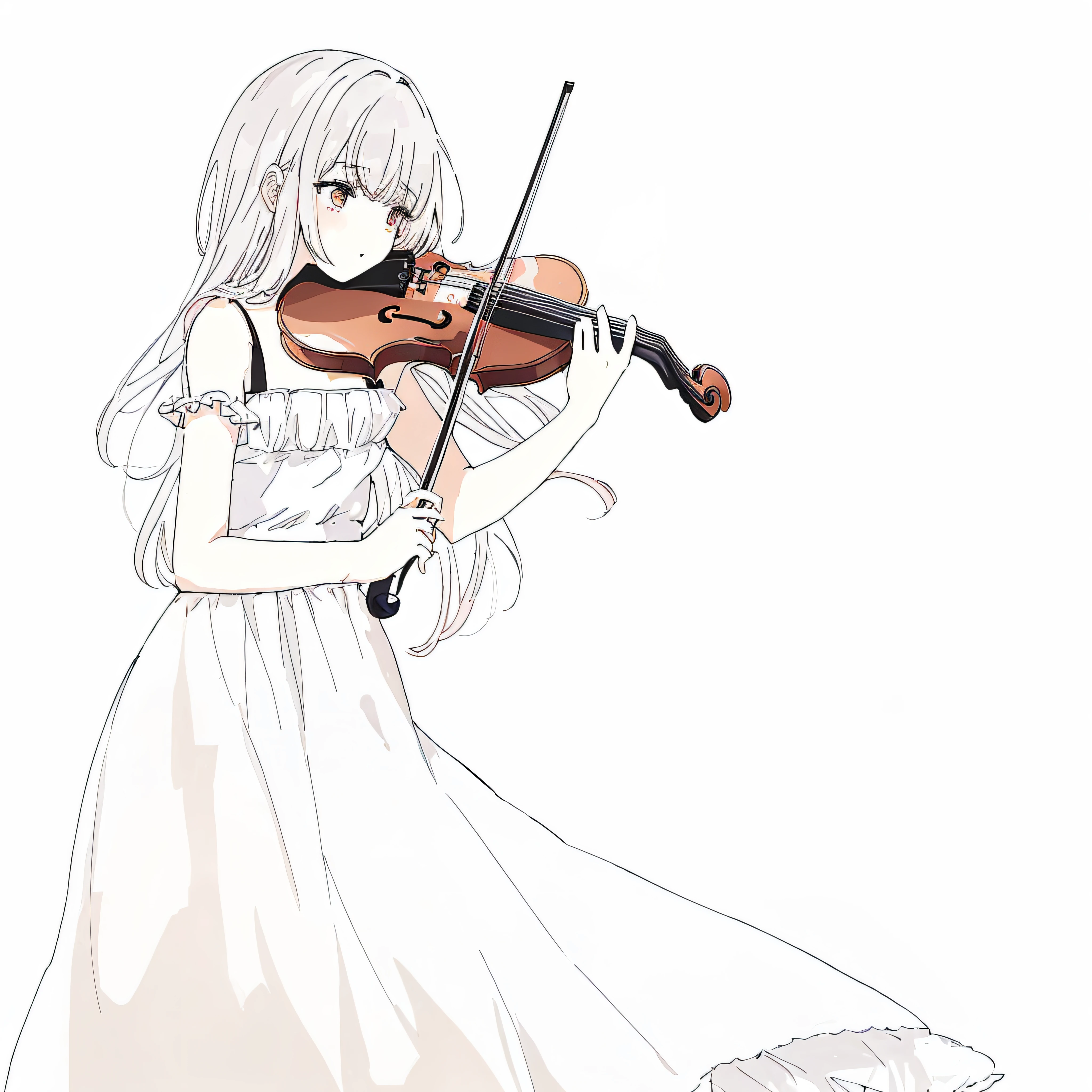 Menina anime no vestido branco que toca violinoo com fundo branco, (violinoo fantasia), violino, (menina anime), night core, Loli, Evergarden violeta, Loli no vestido, violinoo fantasia, menina anime loira com cabelo longo, menina perfeita de cabelos brancos, ethereal anime, divindade de cabelos brancos, Arte Oficial, cabelos brancos, composition on the right side, Arte Zerochan, Soft anime illustration