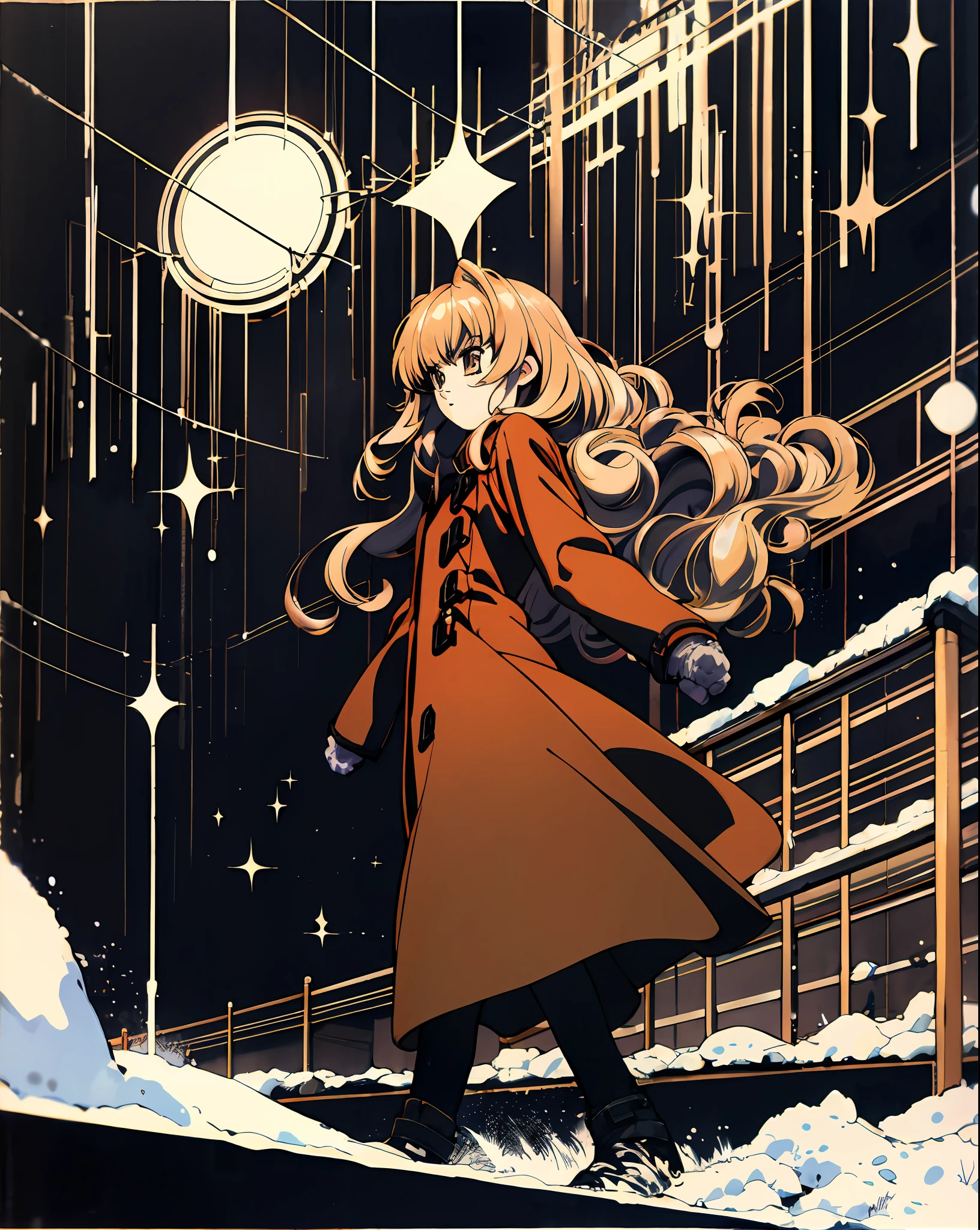 Taiga Aisaka walking by a train station on a snowy night, winter, snow, (gothic dress), (coat), VHS, vintage, manga style, black background, (bangs), wavy hair, glitch art, light brown hair