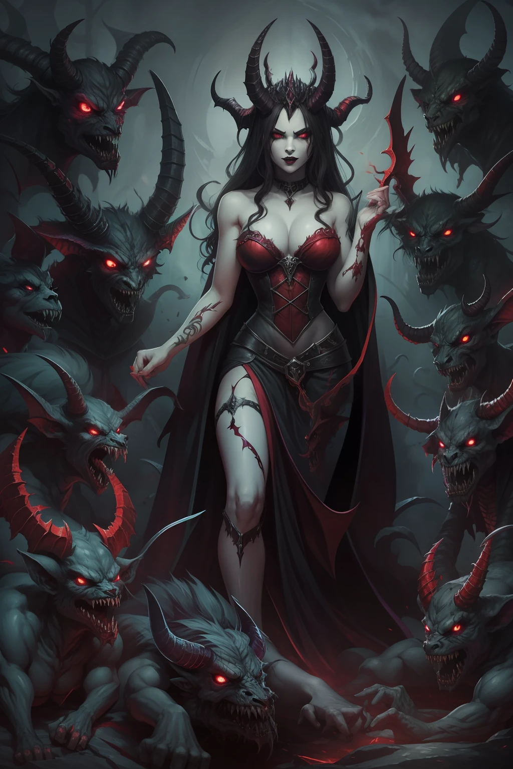 demonic woman with horns and red eyes standing in front of a group of demonic creatures, succubus, beautiful succubus, beautiful elegant demon queen, demoness, succubus | medieval, dark fantasy style art, queen of darkness, queen of hell, dark fantasy art, in style of dark fantasy art, queen of the underworld, diablo 4 lilith, fantasy dark art, demon army, purple sexy dress