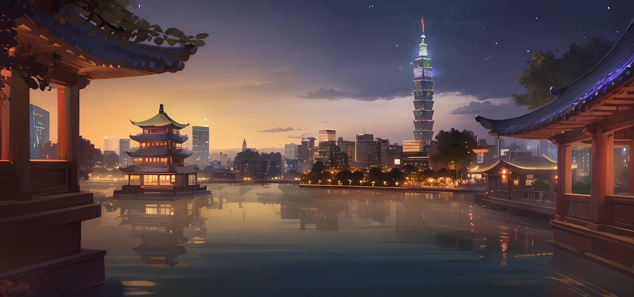 There is a night view of the city with the river and Taipei 101, background artwork, hd anime cityscape, 3840 x 2160, 3840 x 2160, 4 k hd wallpaper illustration, vertical wallpaper, city twilight landscape, 4 k hd illustrative wallpaper, amazing wallpapers, digital painting of a pagoda, high quality desktop wallpaper,There are fireworks,