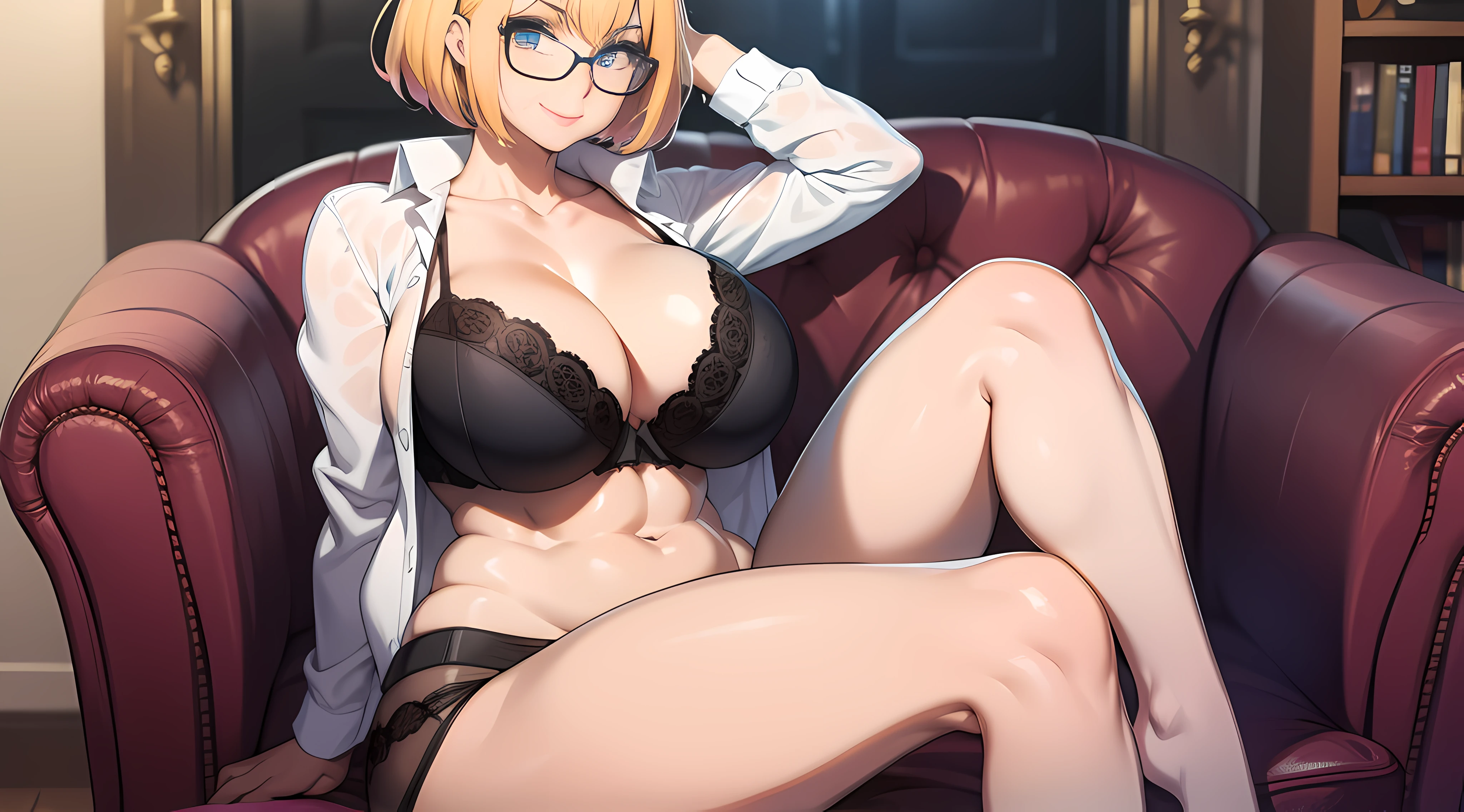 tmasterpiece, best qualtiy, A MILF,Beautiful and delicate love eyes, Extremely detailed face,Heavy makeup,short yellow hair,Glasses, Open shirt, Black bra, cleavage, Large of breast,big assa, pencil skirts, Pantyhose, bare-legged, view the viewer, arms behind head,Temptation in the eyes,ssmile,sit on chair,Straightened his legs,Facing the camera, lounge room