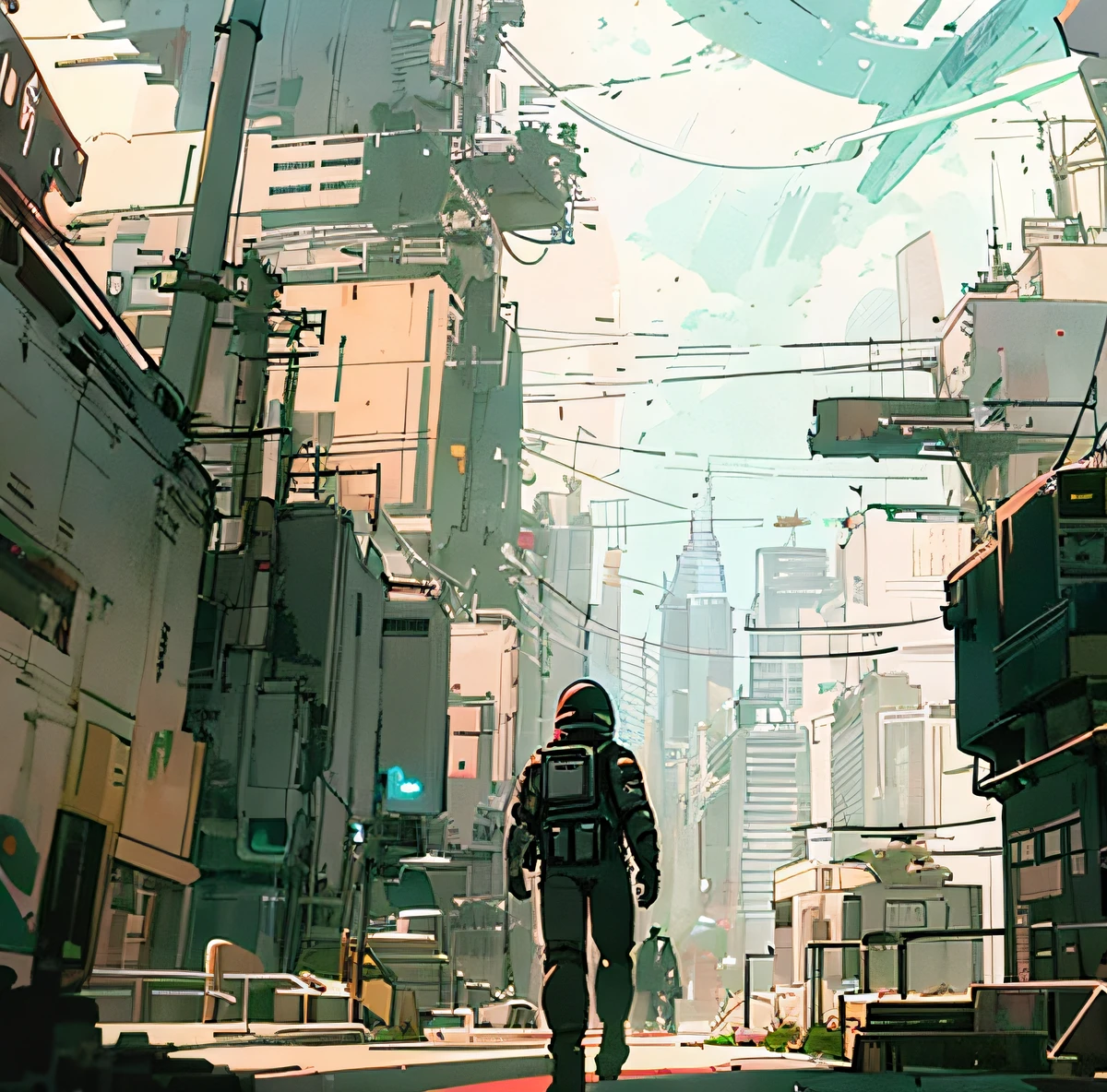 A man in a spacesuit is walking in the city, sci-fi illustration, sci - fi illustrations, inspired by Josan Gonzalez, tsutomu nihei art, sci-fi illustration, sci - fi illustrations, sci-fi digital art illustration, tsutomu nihei style, japanese sci - fi books art, a beautiful artwork illustration