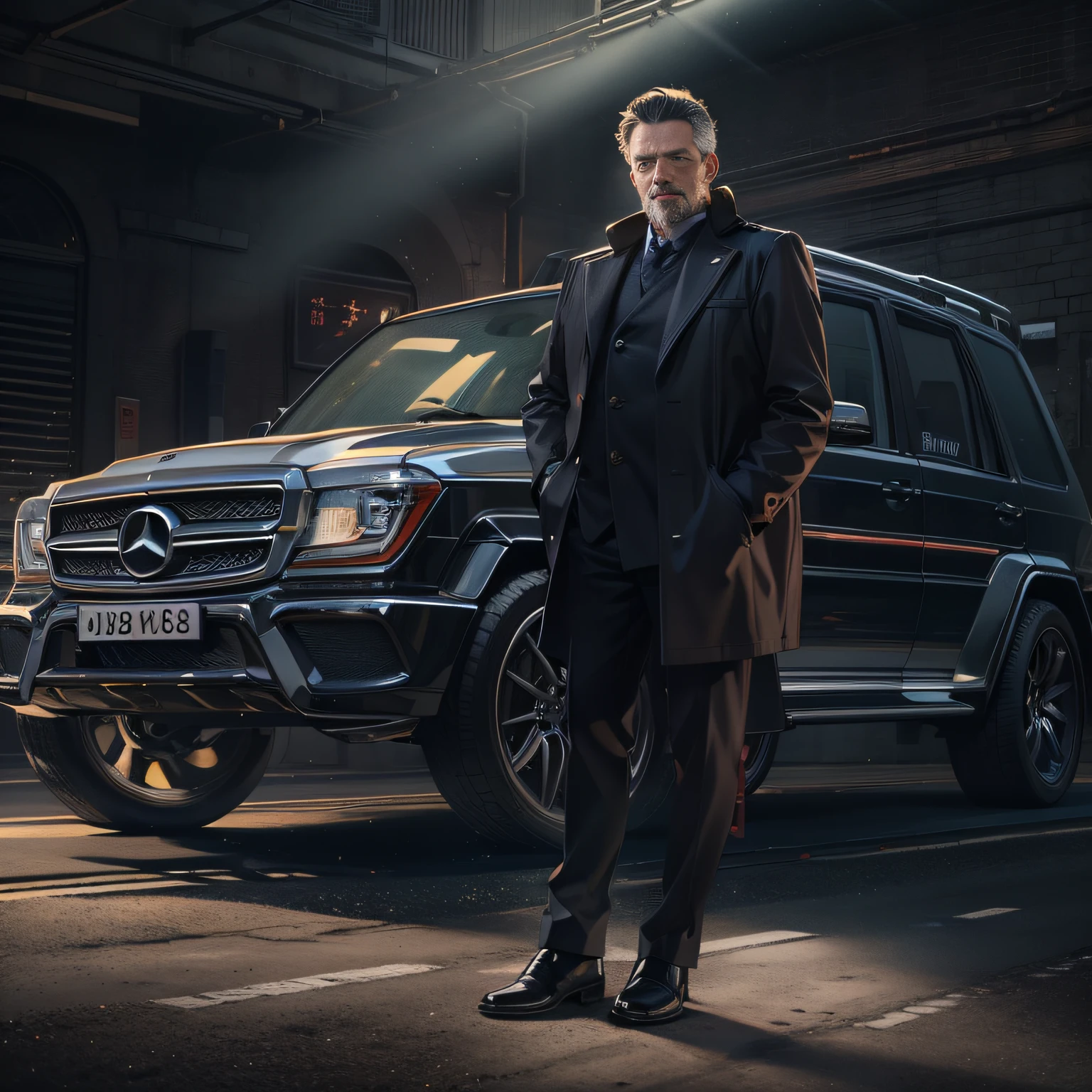 A 55-year-old middle-aged man,with short black hair,Casual,Stand next to the Mercedes Big G,grand master,tmasterpiece,8k wallpaper,CG,Ultra-high image quality,light and shadow effect