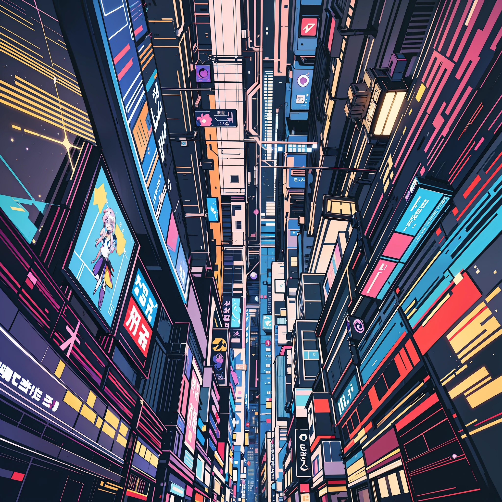 cool wallpaper for girls, dark blue and purple colors, futuristic city skyline, stars, space elements, abstract geometric shapes, digital glitch effects, anime characters, graffiti art, trendy aesthetic, 4k resolution