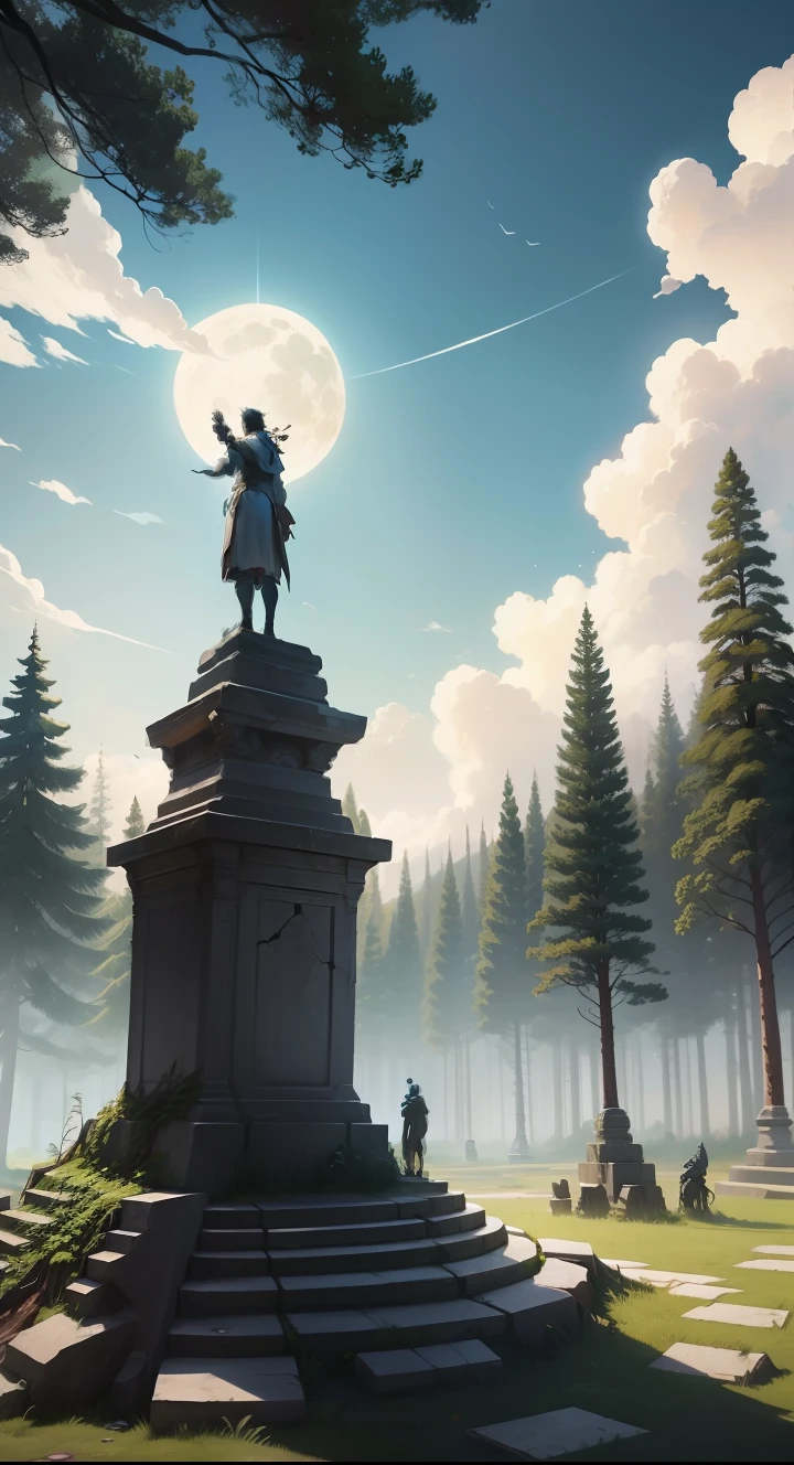 Vertical game background,Battle scene details:In the forest,Ancient tree root lines are clearly visible,Accompanied by statues and stones on the ground of the ruins。with blue sky and white clouds,The clear moon hangs high in the sky。