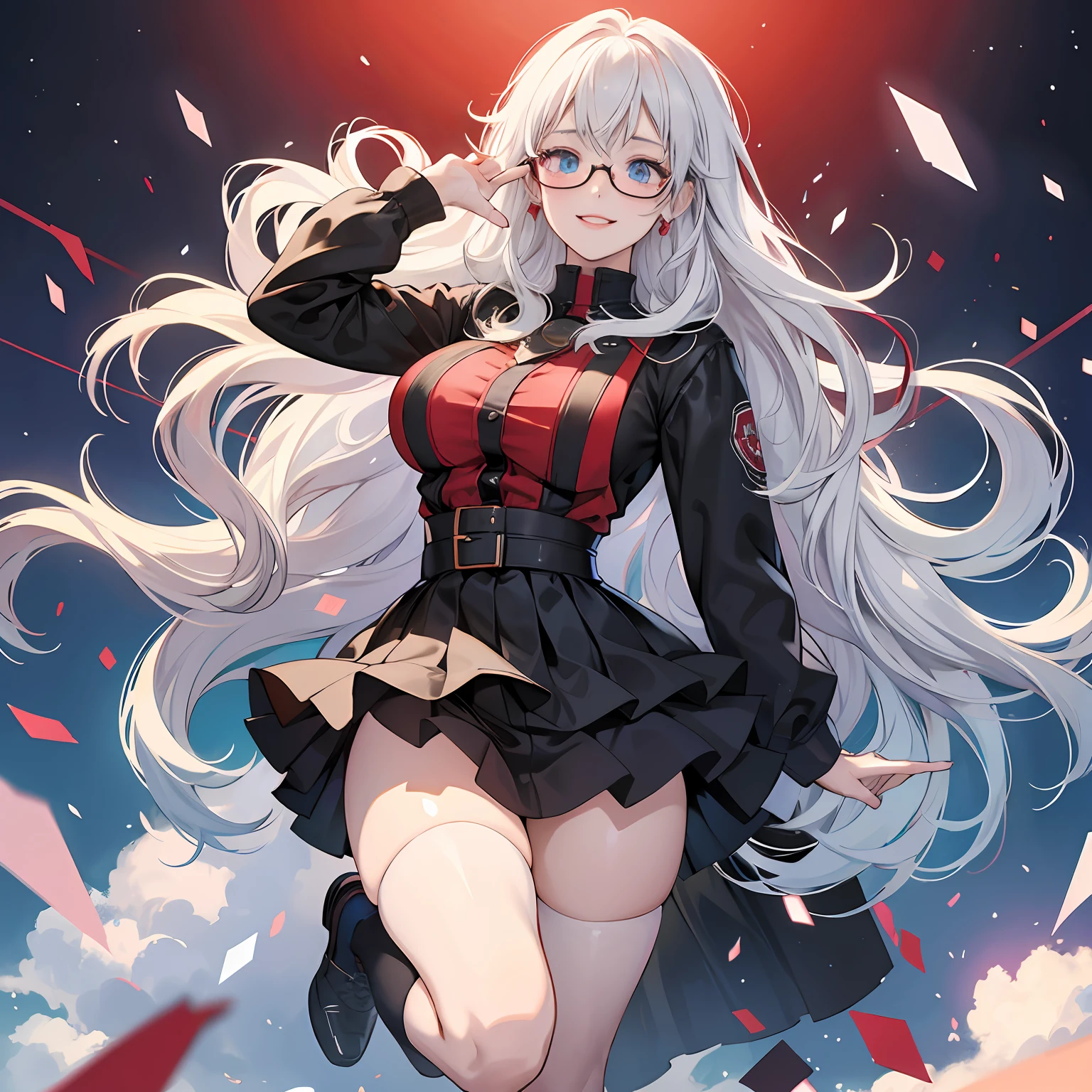 high image, super detail, high resolution, anime, manga, illustration, black knee high socks, thighs, knit dress flared mini skirt, glasses, intelligent beauty, laugh like a prankster, happy, shy, alluring moist half open red lips, ecstatic expression, amorous expression, seductive look, flowing layered messy medium short white hair, sparkling blue eyes, huge breasts, under boob, great proportion, perfect proportion, slender, full body