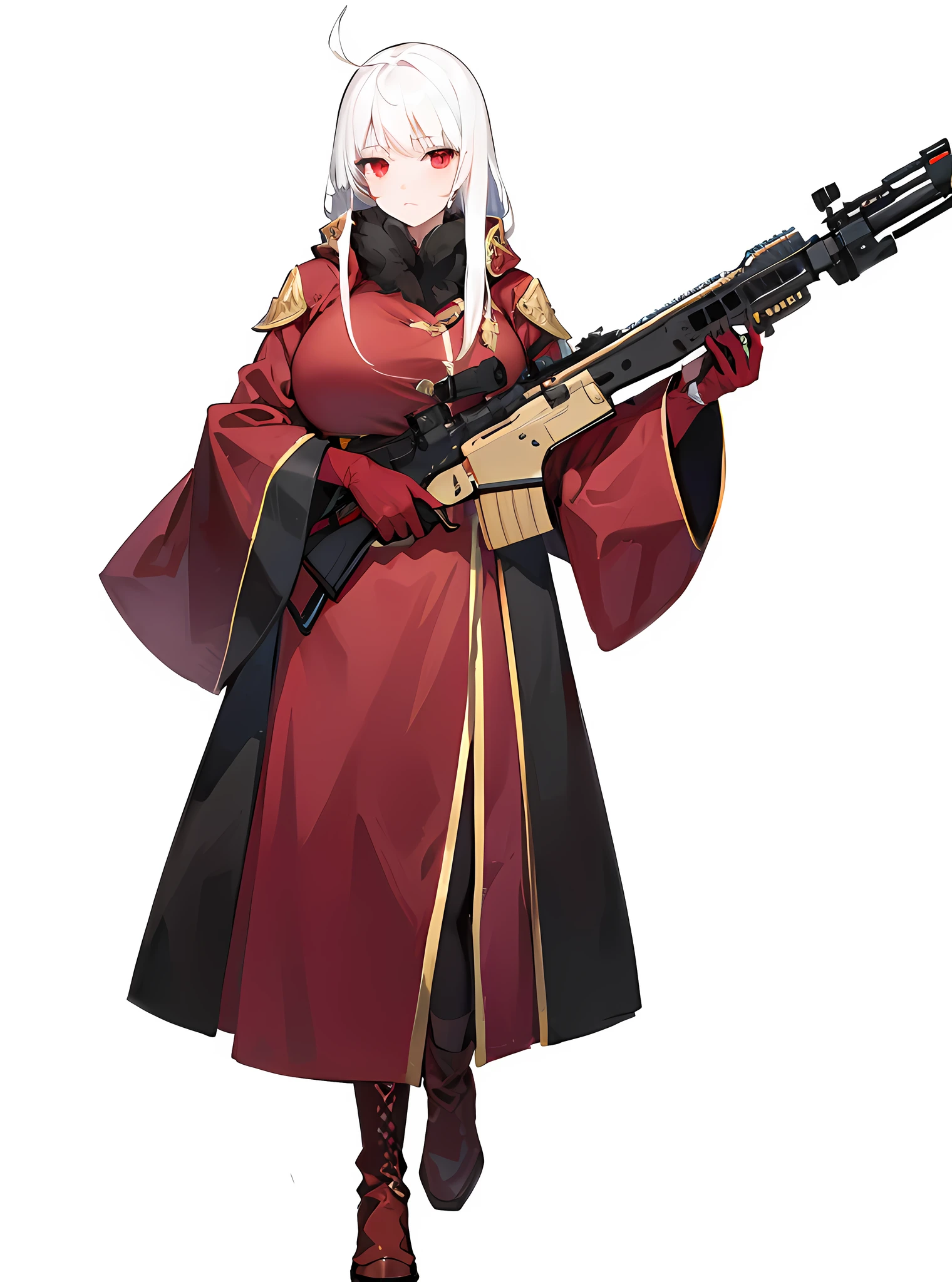 Masterpiece,Best quality,offcial art,Extremely detailed Cg Unity 8K wallpaper, Girl, Long hair, White hair, Red eyes, Large breasts, Robe, Black pantyhose, Boots, holding gun,