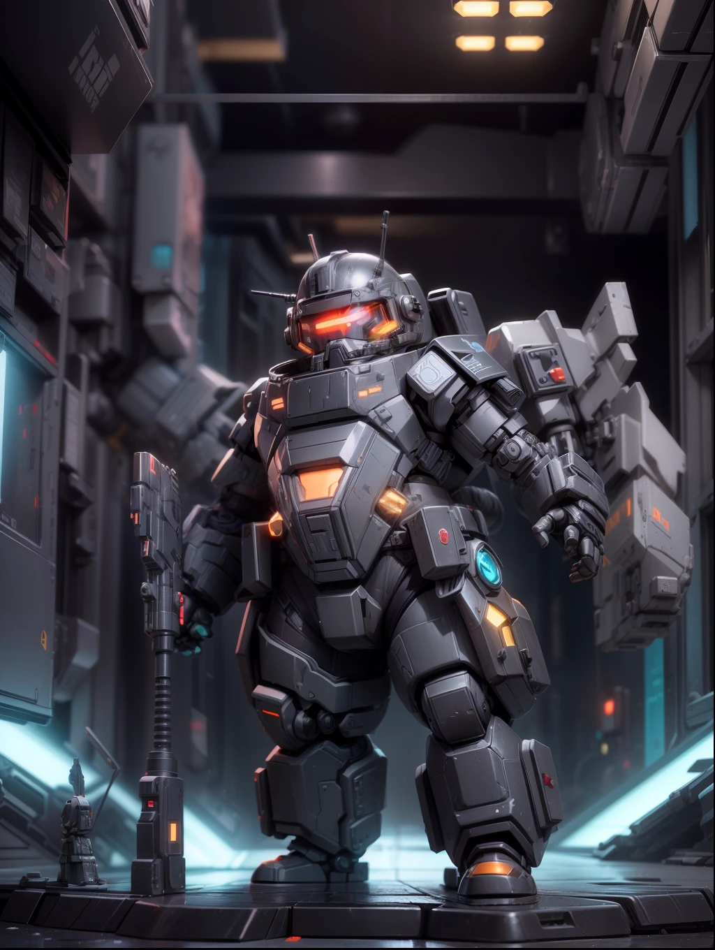 (Blind box toy style:1.2), (Full body shot) , 1 cute fat metal male machine gunner, Metal mech，Metal opaque helmet, cyber punk perssonage, dreamy glow, Clean, Black draft,Silver and black style， ( Global illumination, Ray traching, hdr, unreal render,reasonable design, high detal, Masterpiece, Best quality, hyper HD, Cinematic lighting)