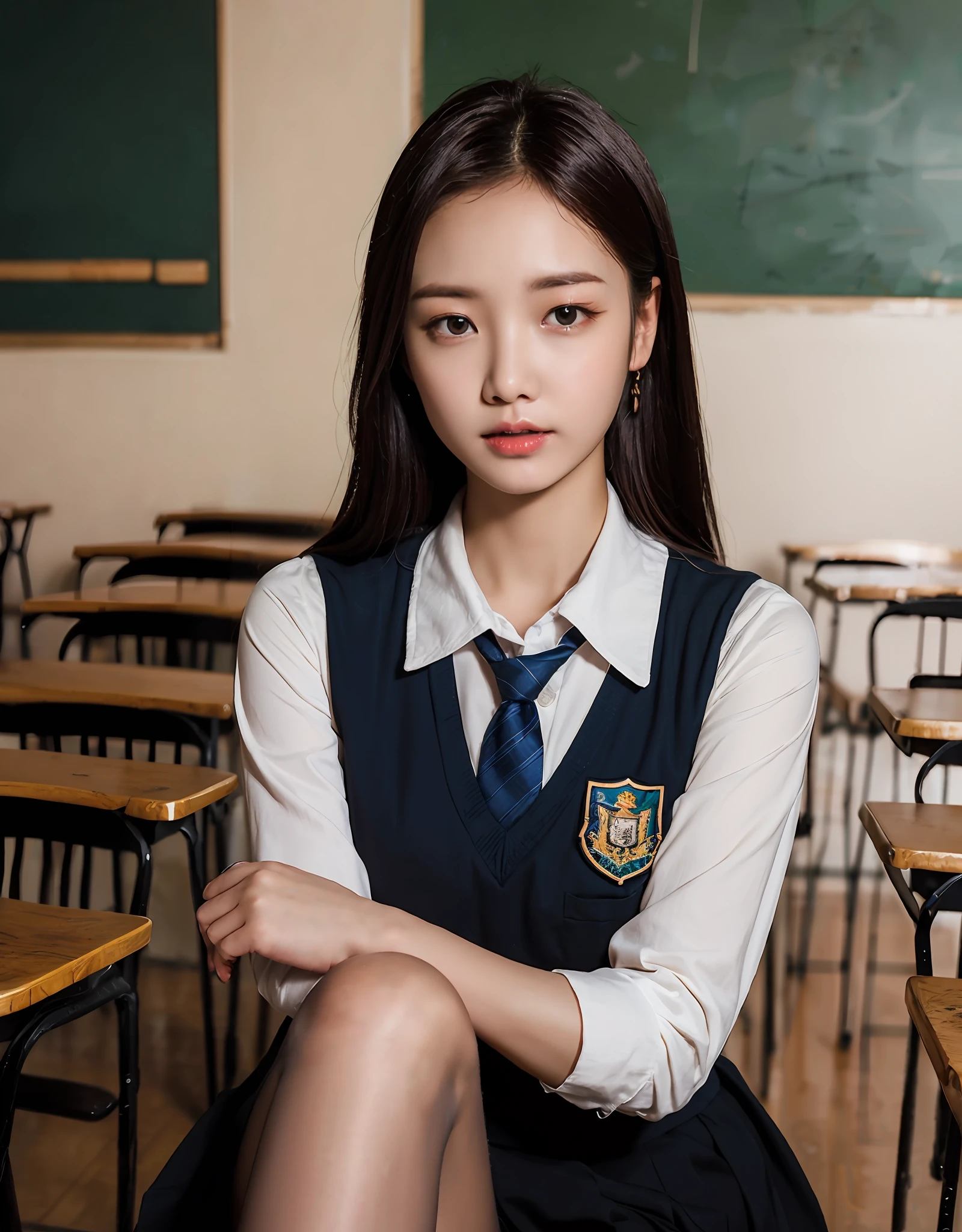 ulzzang-6500-v1.1, (raw photo:1.2), (photorealistic:1.4), beautiful detailed girl, very detailed eyes and face, beautiful detailed eyes, absurd, incredibly ridiculous, huge file size, super detailed, high resolution, very detailed, best quality, masterpiece, kemomimi, ((high school uniform)), illustration, very detailed, CG, unified, 8k wallpaper, amazing, fine details, masterpiece, best quality, very detailed CG uniform 8k wallpaper, face light, cinematic lighting, 1girl, 16 years old, (long skirt), (half), (socks)), (sitting in classroom))