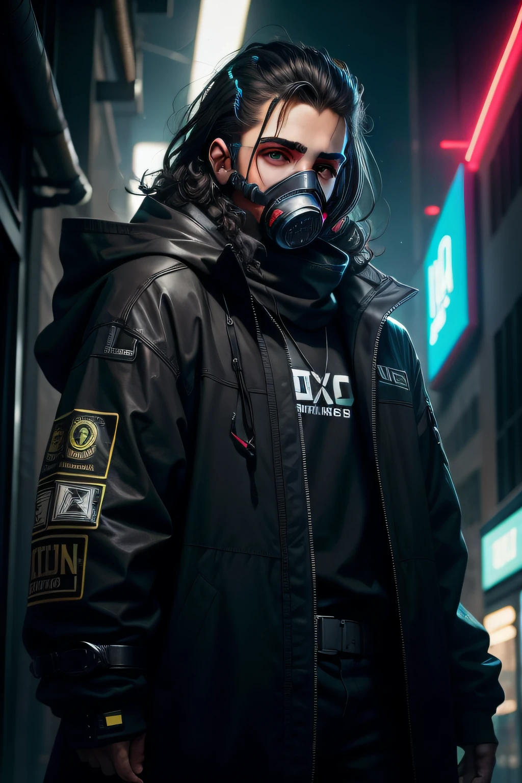 menino, 18 anos, cabelos pretos longos, vestindo casaco preto grande, Tech Gas Mask, estilo cyberpunk, Neon Effects