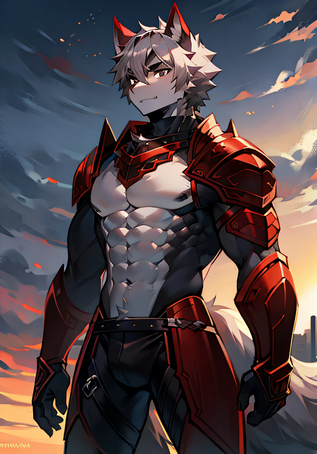 Gray-black eyes, panorama, gray hair, red tail, abs, organic armor on the body