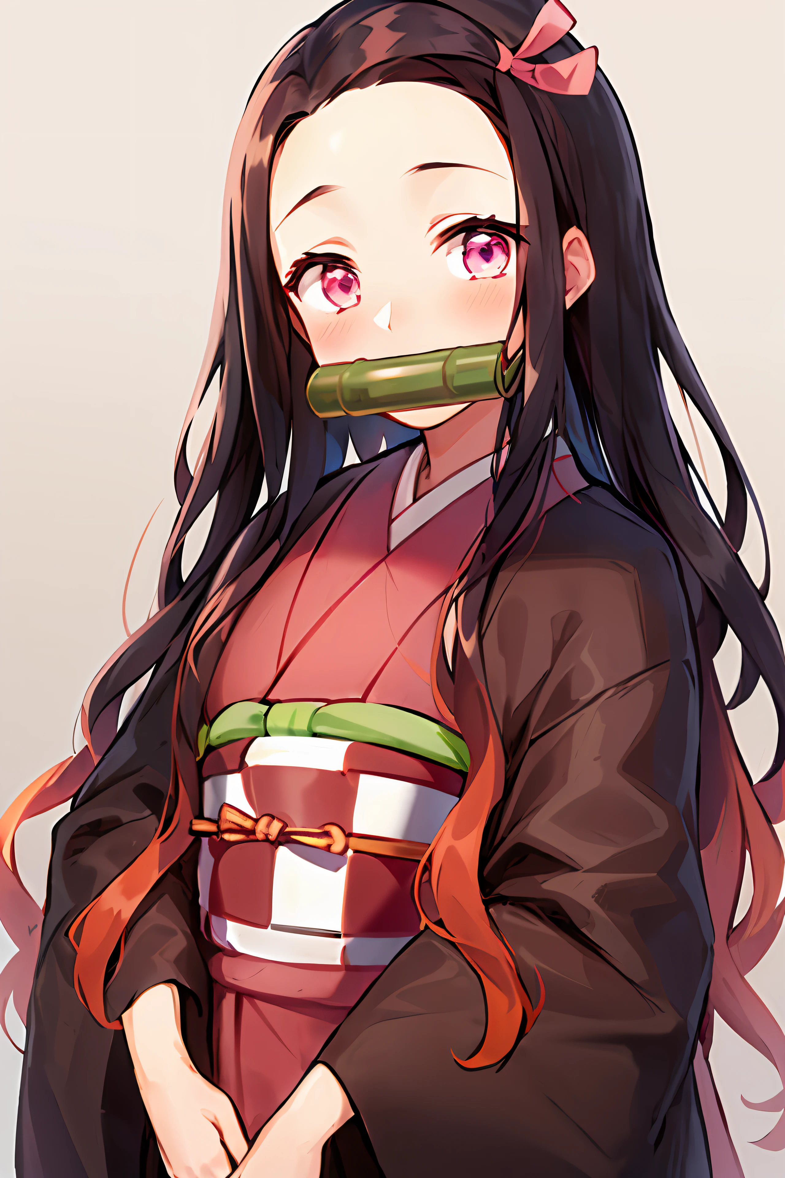kamado nezuko, 1girl, bamboo, bit gag, brown hair, checkered sash, gag, gagged, gradient hair, hair ribbon, haori, japanese clothes, kimono, long hair, looking at viewer, multicolored hair, orange hair, pink eyes, pink kimono, pink ribbon, ribbon, solo, upper body, ((masterpiece))