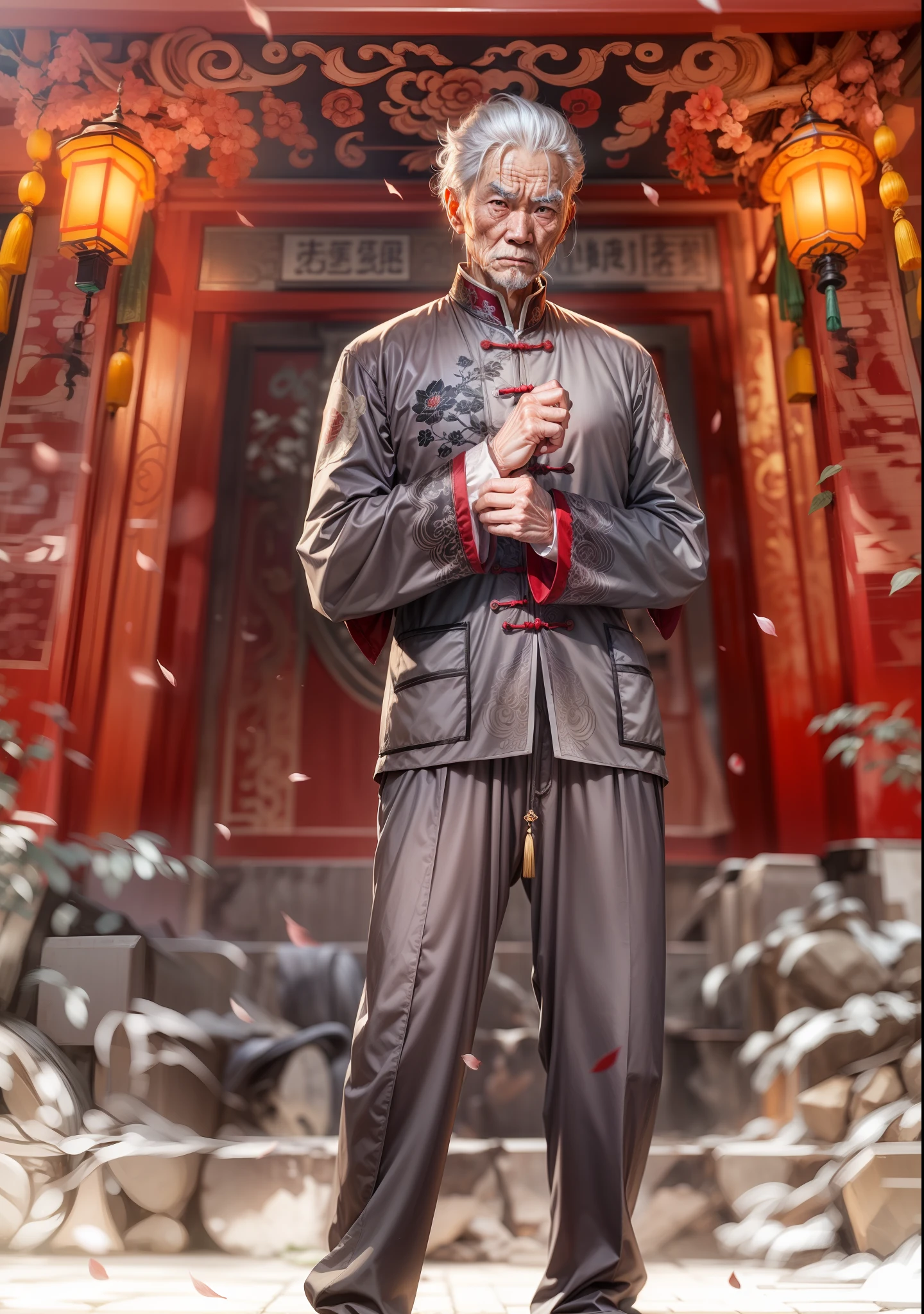An elderly Chinese man,white haired Cangcang,The expression is fierce,Imposing,