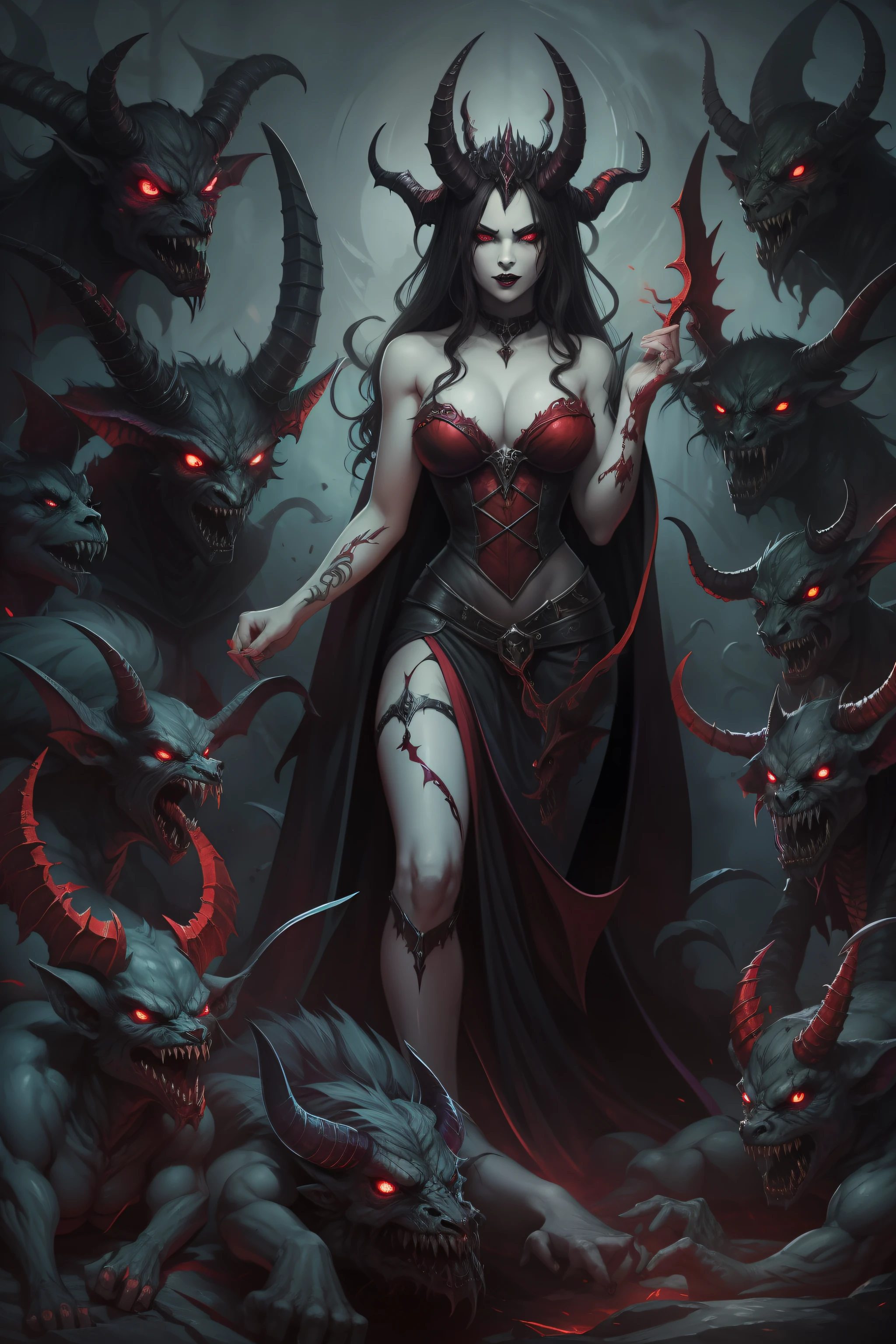 demonic woman with horns and red eyes standing in front of a group of demonic creatures, succubus, beautiful succubus, beautiful elegant demon queen, demoness, succubus | medieval, dark fantasy style art, queen of darkness, queen of hell, dark fantasy art, in style of dark fantasy art, queen of the underworld, diablo 4 lilith, fantasy dark art, demon army, purple sexy dress
