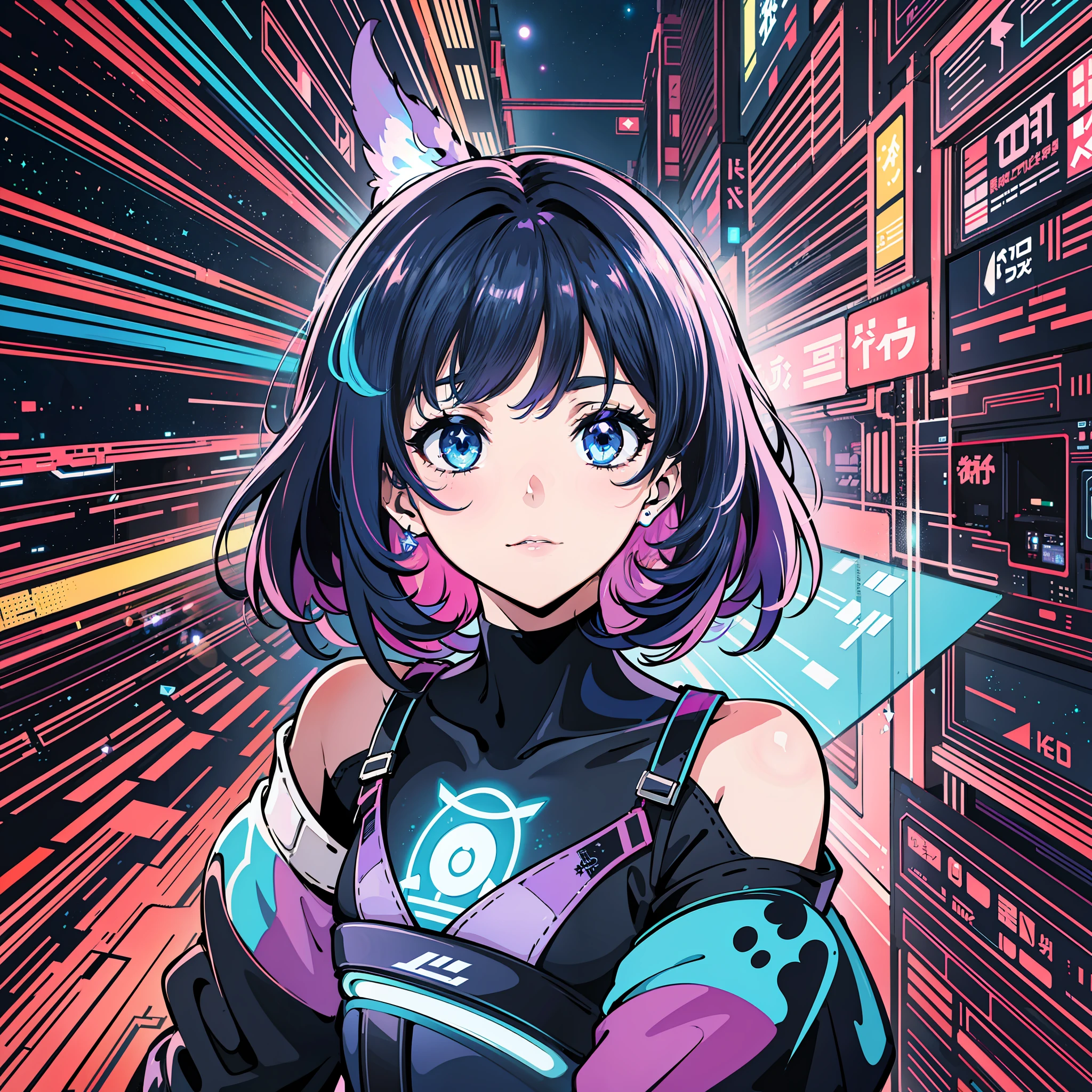 cool wallpaper for girls, dark blue and purple colors, neon lights, futuristic city skyline, stars, space elements, abstract geometric shapes, digital glitch effects, anime characters, graffiti art, trendy aesthetic, 4k resolution
