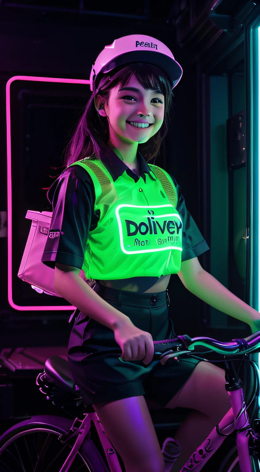 A young girl wearing long delivery uniforms , confidently riding a bike, delivering packages with a smile, luminous design, neon green and purple colours, ink drips, synthwave lights --auto