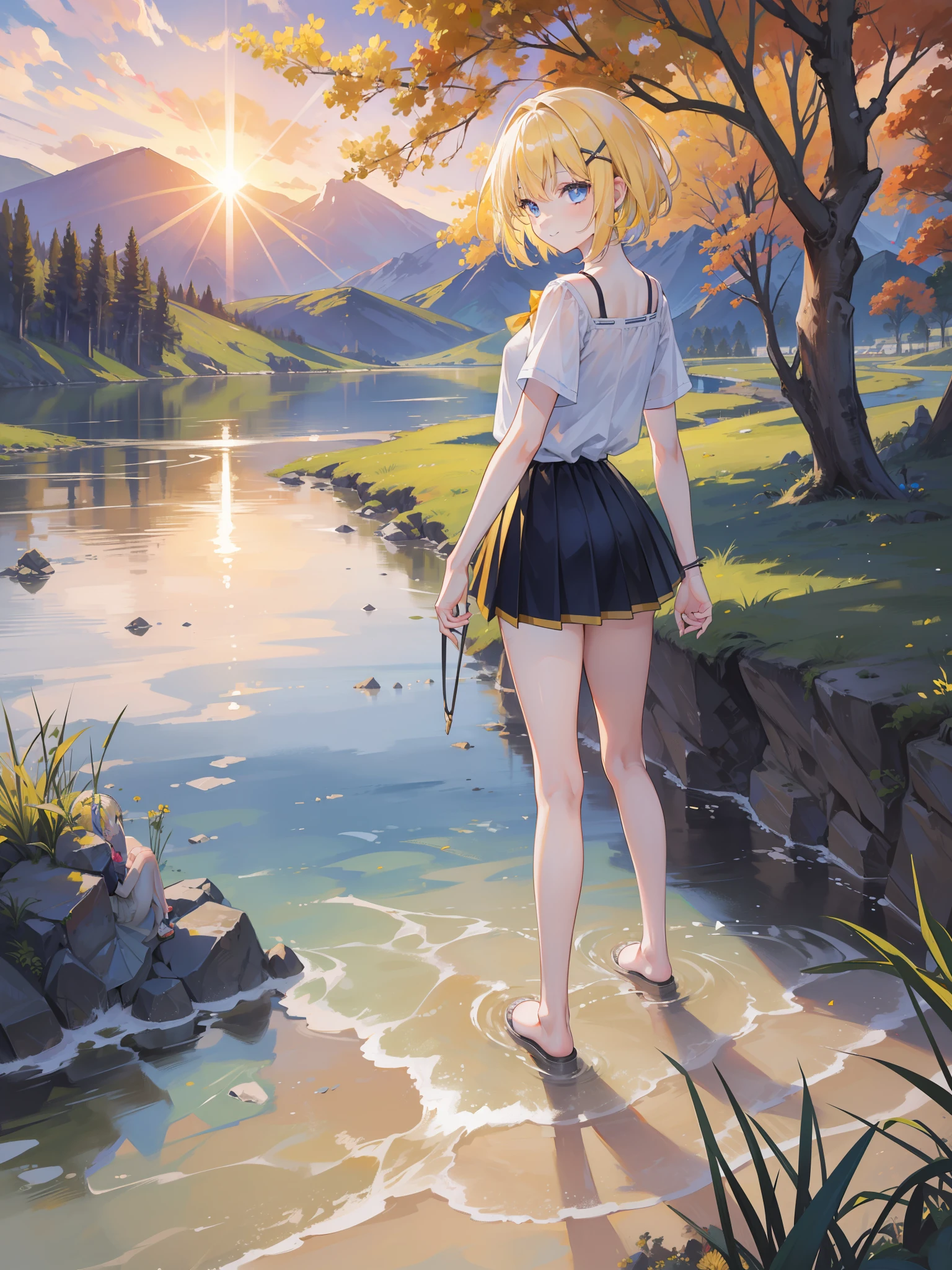 1girl,masterpiece, 8k,semi-realistic,4k,RTX,shaders,brilliant texture work, standing in the river ,sunset,clouds,mountains,trees, yellow hair, blue eyes, 16 years old,smile, short hair, short skirt, hairpin,sunset view , sun in the mountain peak,shiny sun, far view