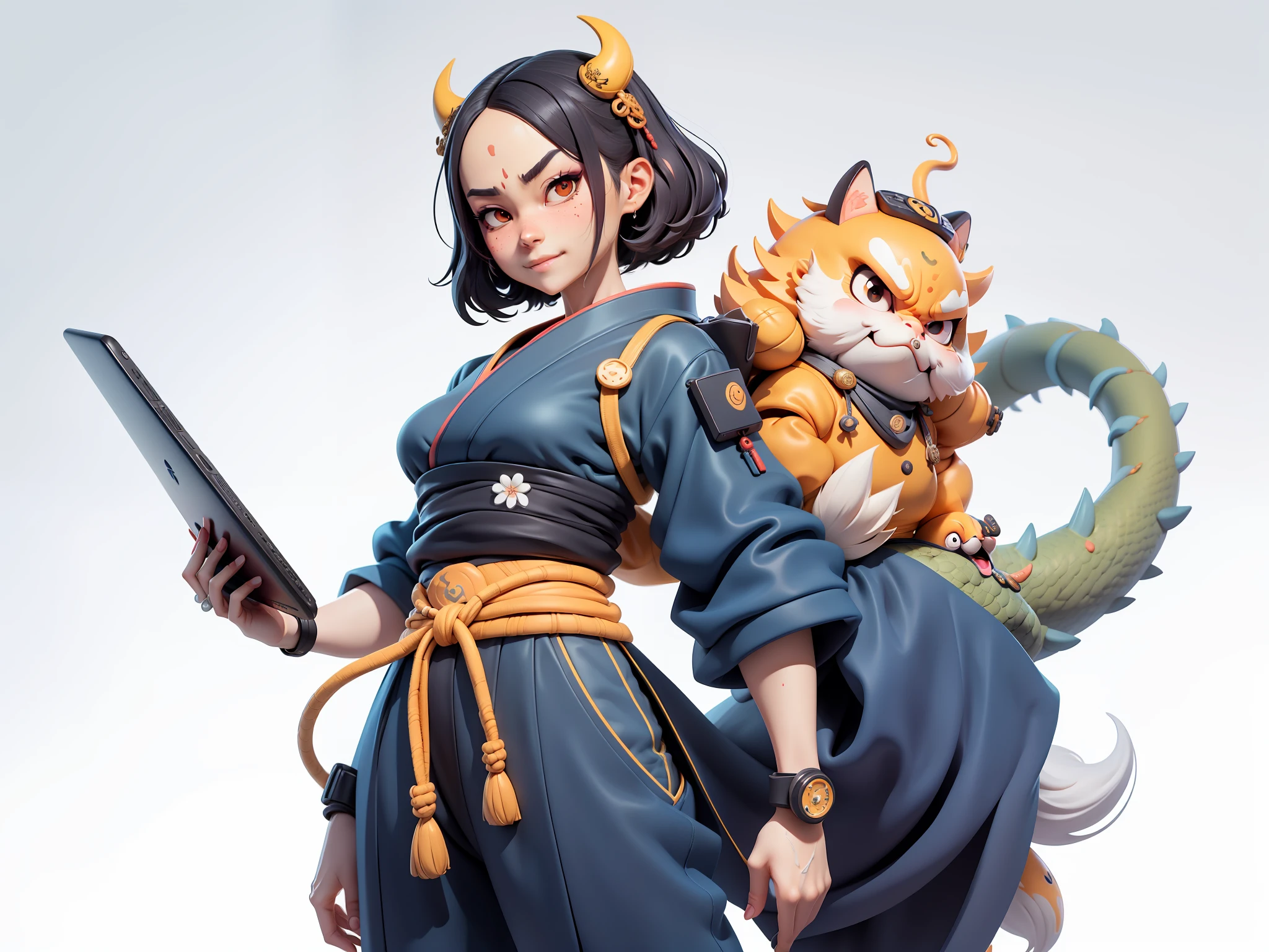 (Daisaku),(Need),(Super meticulous),(full bodyesbian:1.2),Japanese ukiyo-e girl,japanese geisha,Beautiful,Oriental dragon,Aeolian Thor,Raised sexy,爆乳,Oriental face,TV Anchor,Bust portrait illustration,Alone,In black suit,a blue tie,The face is slightly chubby,The face was clean,without a beard,Black super short hair,Black eyes,Smile confidently,3C computer sub-products,iPad, iphone,Digital painting,3D character design by Mark Clairen and Pixar and Hayao Miyazaki and Akira Toriyama,The illustration is a high-definition illustration in 4K resolution,With very detailed facial features and cartoon-style visuals。