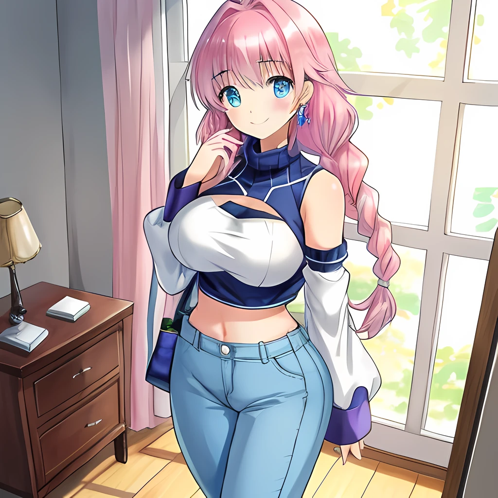 (Highly detailed CG Unity 8k wallpaper), (Best Quality), (Super Detail), (Best Illustration), (Best Shadow), POV, Realistic lighting and shading, Natural light, Lens flare effect, BREAK, 1 beautiful girl, Solo,(Cute:1.5),(Chibi:0.8), (kawaii:1.5),(Lori:0.5), BREAK, ( (17 years old girl), Very detailed, colourfull, highest details, BREAK, (Huge breasts: 1. 2,), Clear skin, Beautiful skin, Shy skin, 1 beautiful girl,{Heterochromia,pale blue eyes,pale green eyes:1.5}, star eye silhouette, Break HA , (Pink hair, Medium length:1.2),(Braided hairstyle:1.1),(Large breasts:1. 5), (Light blue eyes, long eyelashes, Double eyelids: 1. 2), Solo, gleaming skin, BREAK,(high-waist pants, croptop, Chelsea Boots:1.2), (star-shaped earring:1.1), (Lace headband:1.0), (Cute Accessories:1.3), (A smile,Happiness:1.1), (is standing,Slouched:1.3), (Full body,angle from front,Cowboy Shot:1.1), BREAK, (pink room, pink walls, bed, stuffed toy, PILLOWS, parrot,:0.8) Made of stone,